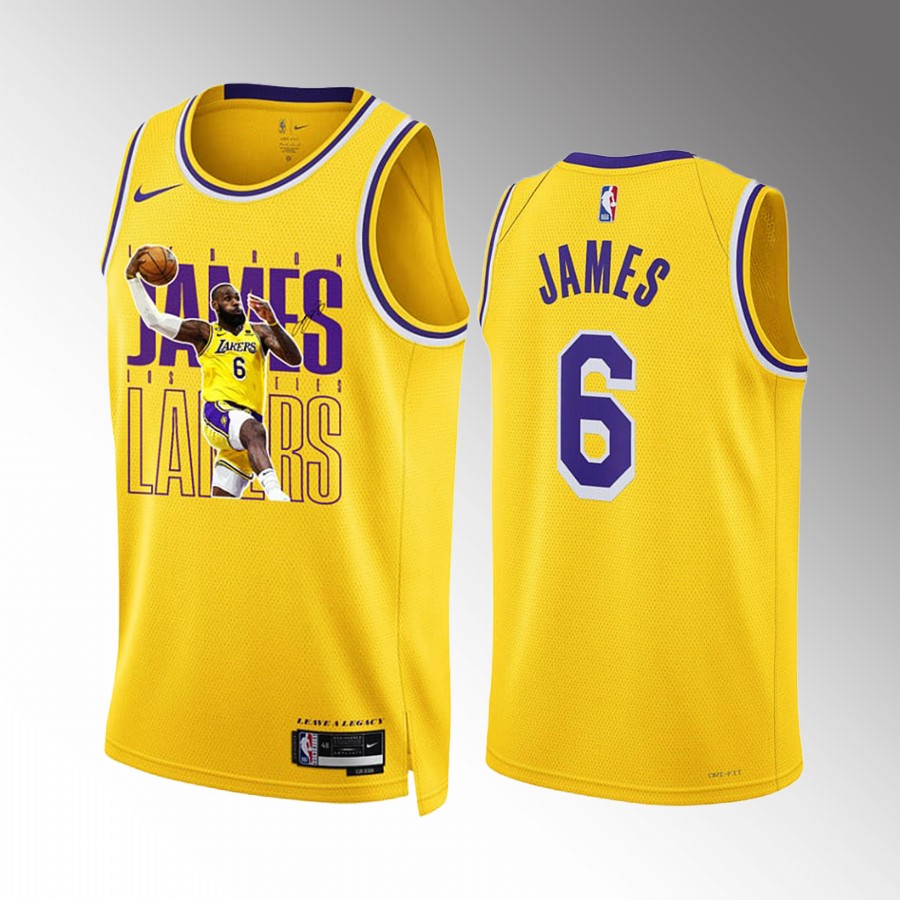 LeBron James Los Angeles Lakers Gold #6 Jersey Legacy Screen Print Graphics