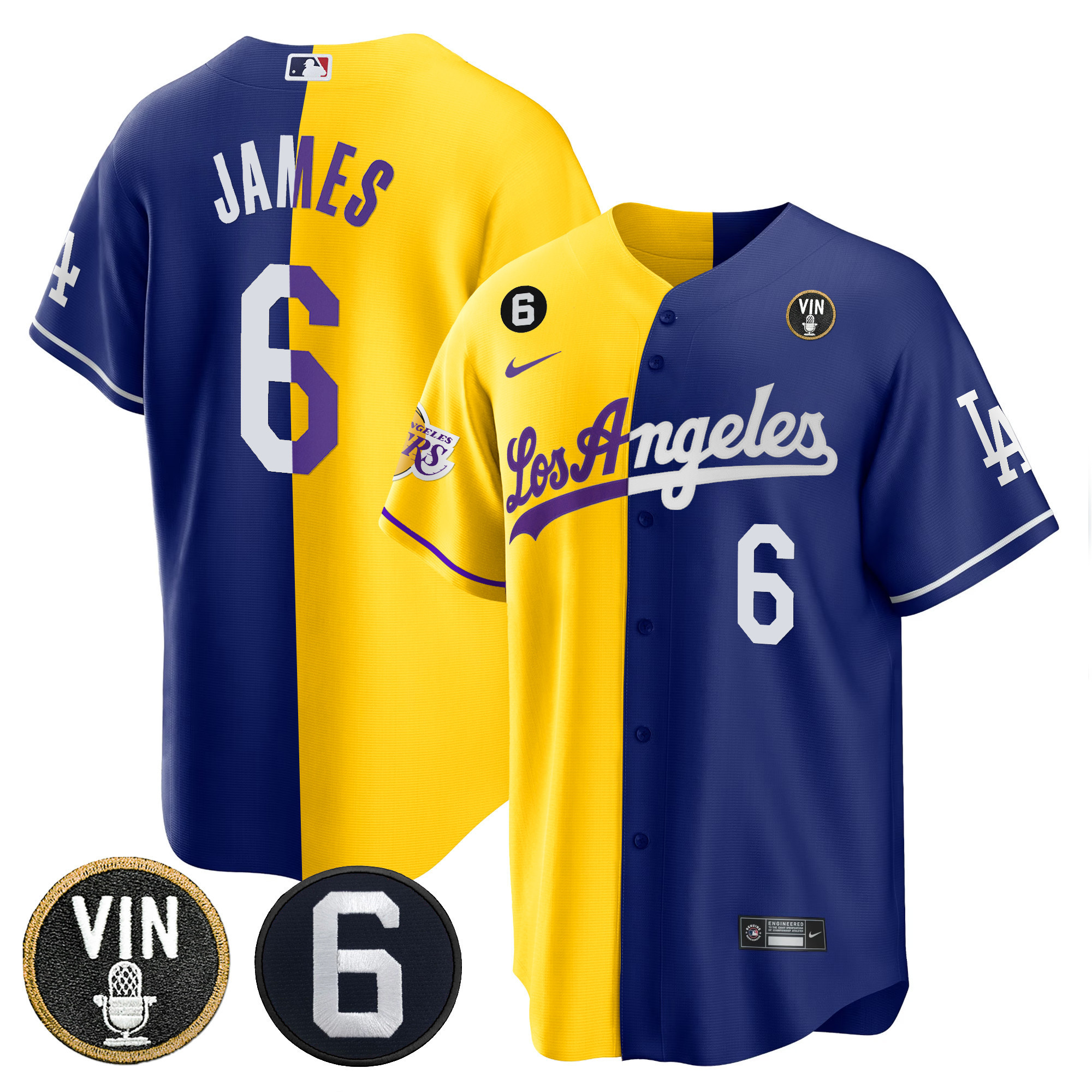 LeBron James Men's Split Los Angeles Dodgers - Lakers Cool Base Gold Royal Jersey - All Stitched