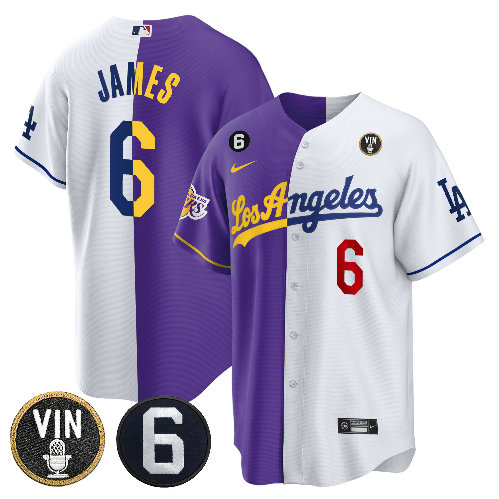 LeBron James Men's Split Los Angeles Dodgers - Lakers Cool Base Purple White Jersey - All Stitched