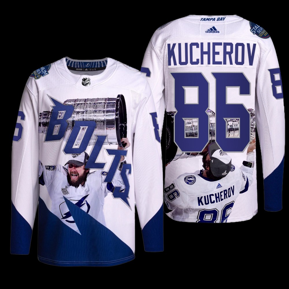 Lightning Nikita Kucherov #86 2021 Stanley Cup Champs Raising Cup White Jersey