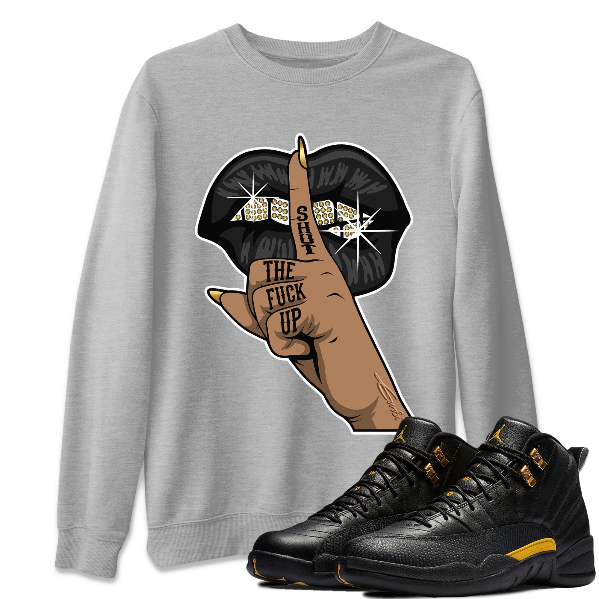 Lips Hand Unisex Sweater – Air Jordan 12 Black Taxi, Sneakers Matching Sweater