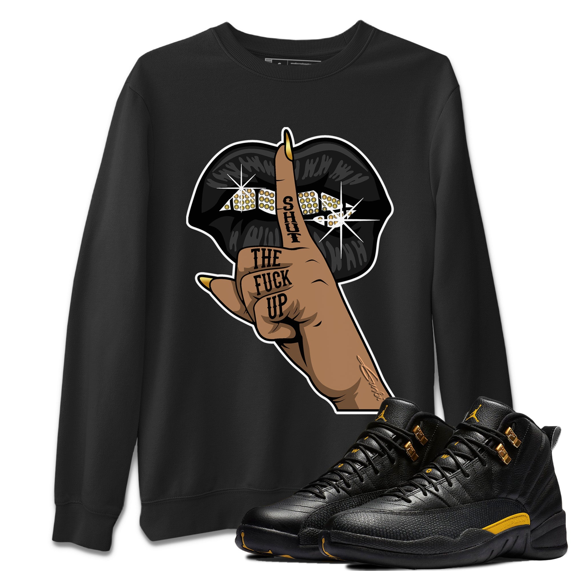 Lips Hand Unisex Sweater – Air Jordan 12 Black Taxi, Sneakers Matching Sweater