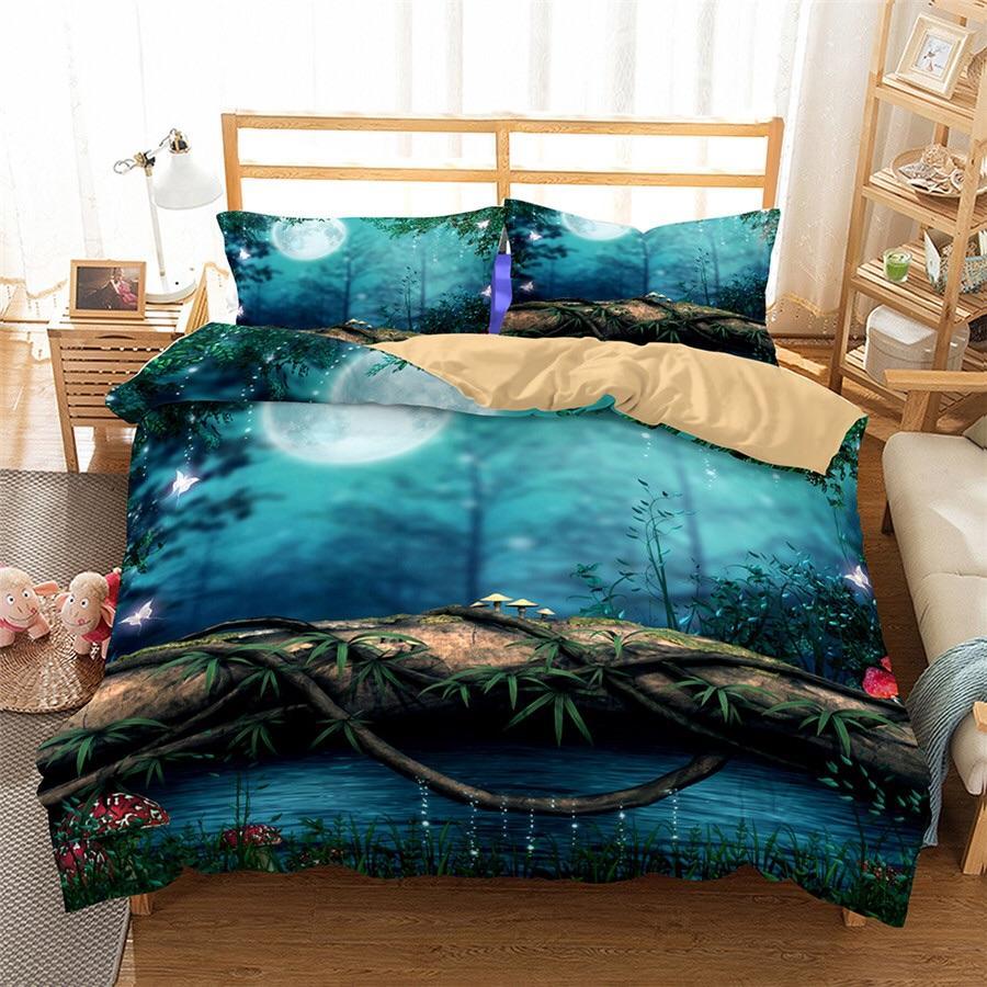 Log In Forest During Moonlight Night 3D Customized Duvet Cover Bedding Set