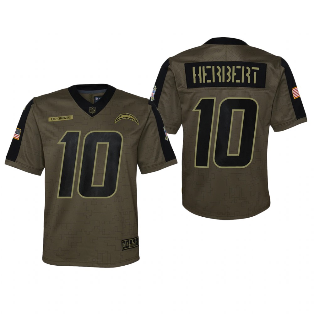 Los Angeles Chargers Justin Herbert Olive Game Jersey 2021 Salute To Service - Youth