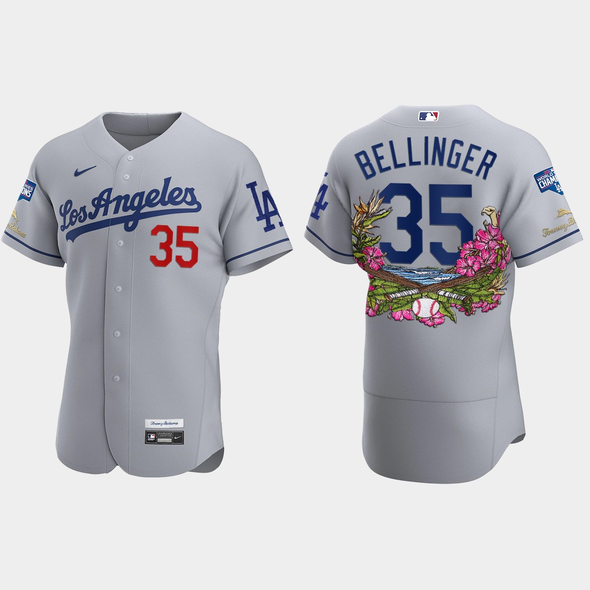 Los Angeles Dodgers #35 Cody Bellinger 2020 World Series Champions Tommy Bahama Jersey - Gray