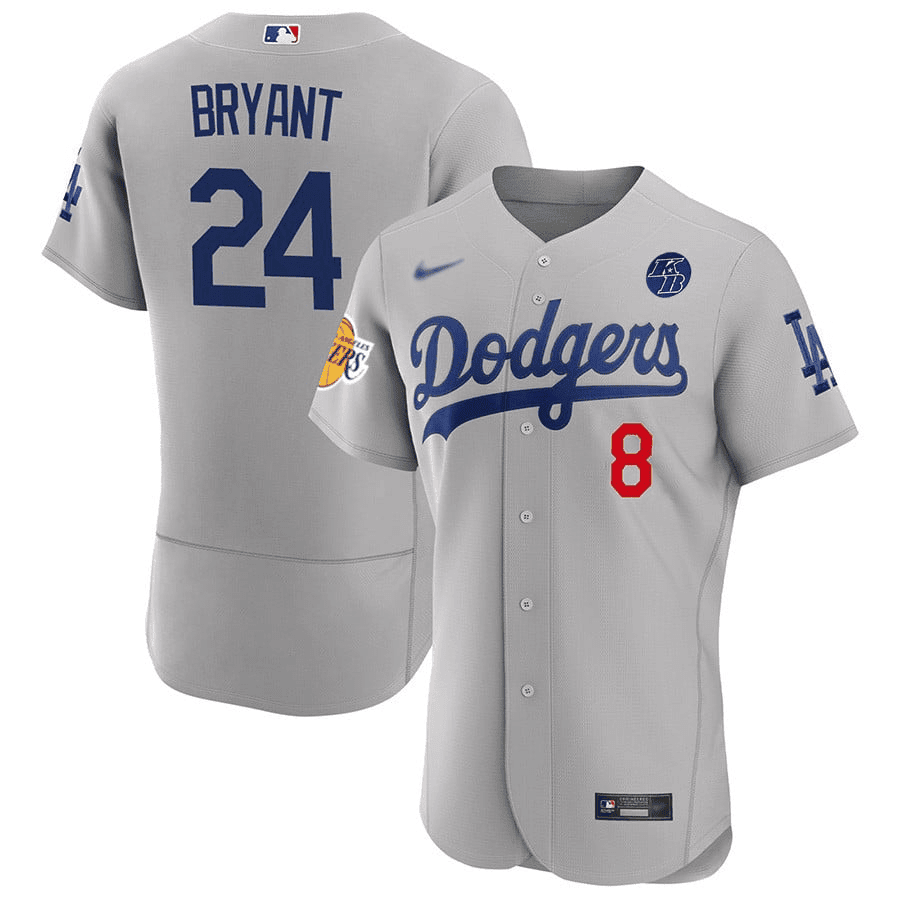 Los Angeles Dodgers #8/24 Kobe Bryant Lakers/Los Angeles Dodgers Patch Flex Base Gray  Jersey - All Stitched