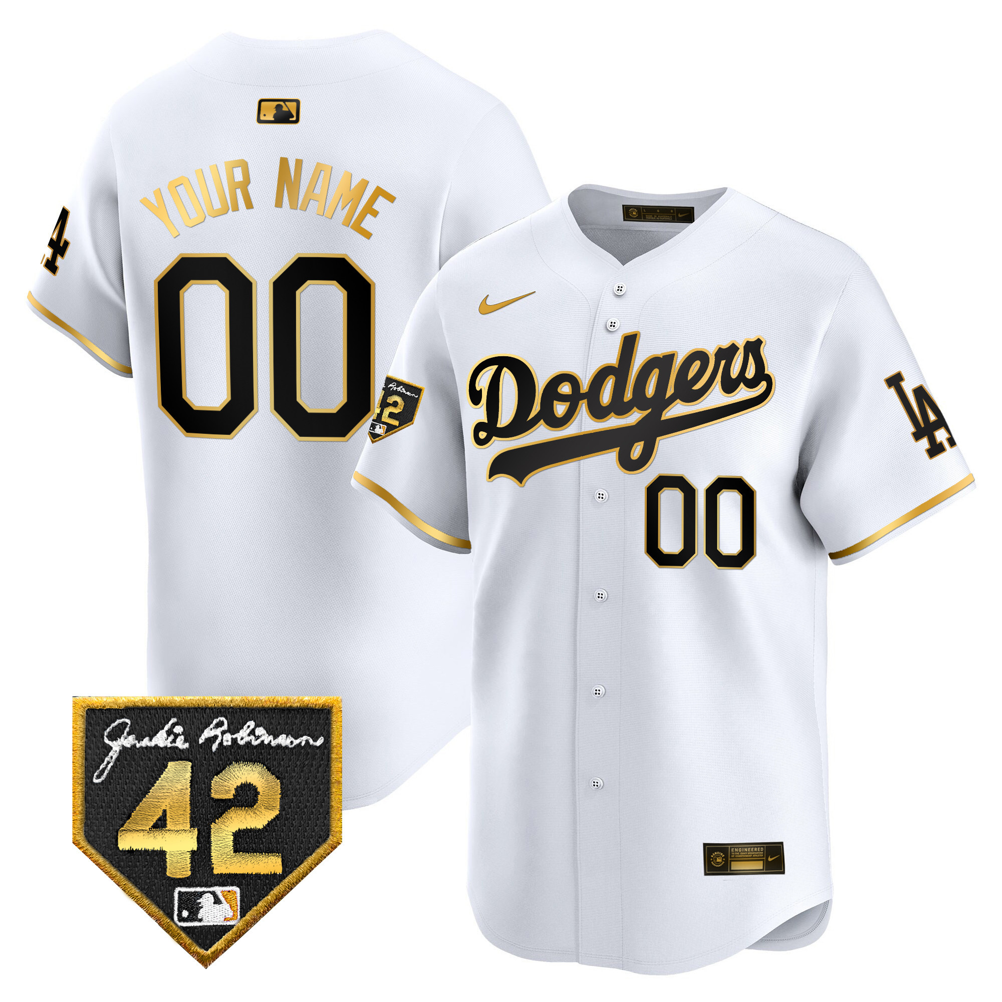 Los Angeles Dodgers 2024 Jackie Robinson Patch Vapor Premier Limited Custom White Gold Jersey - All Stitched