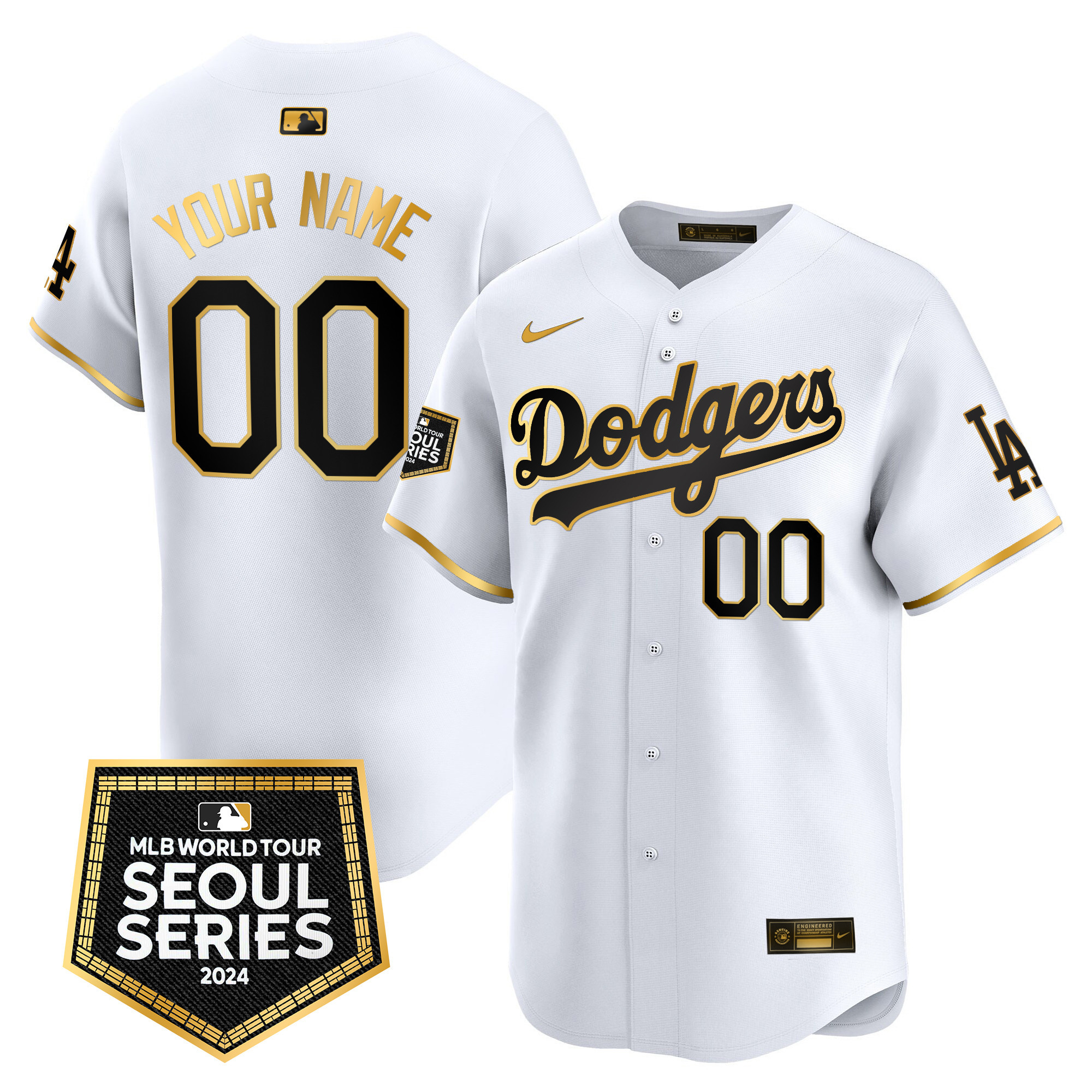 Los Angeles Dodgers 2024 World Tour Seoul Series Patch Vapor Premier Limited Custom White Gold Jersey - All Stitched