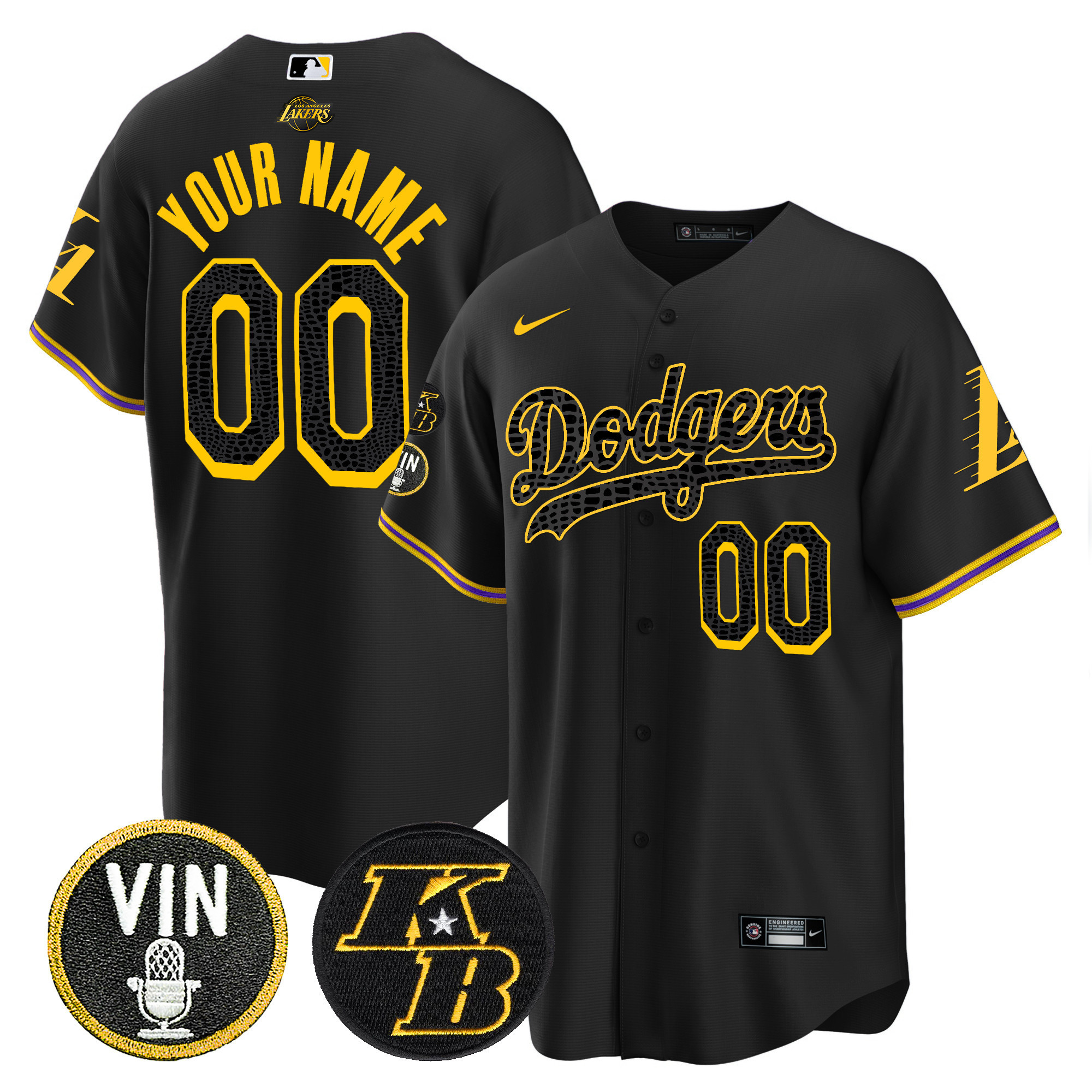 Los Angeles Dodgers Bryant & Vin Patch Cool Base Mamba Custom Black Jersey - All Stitched