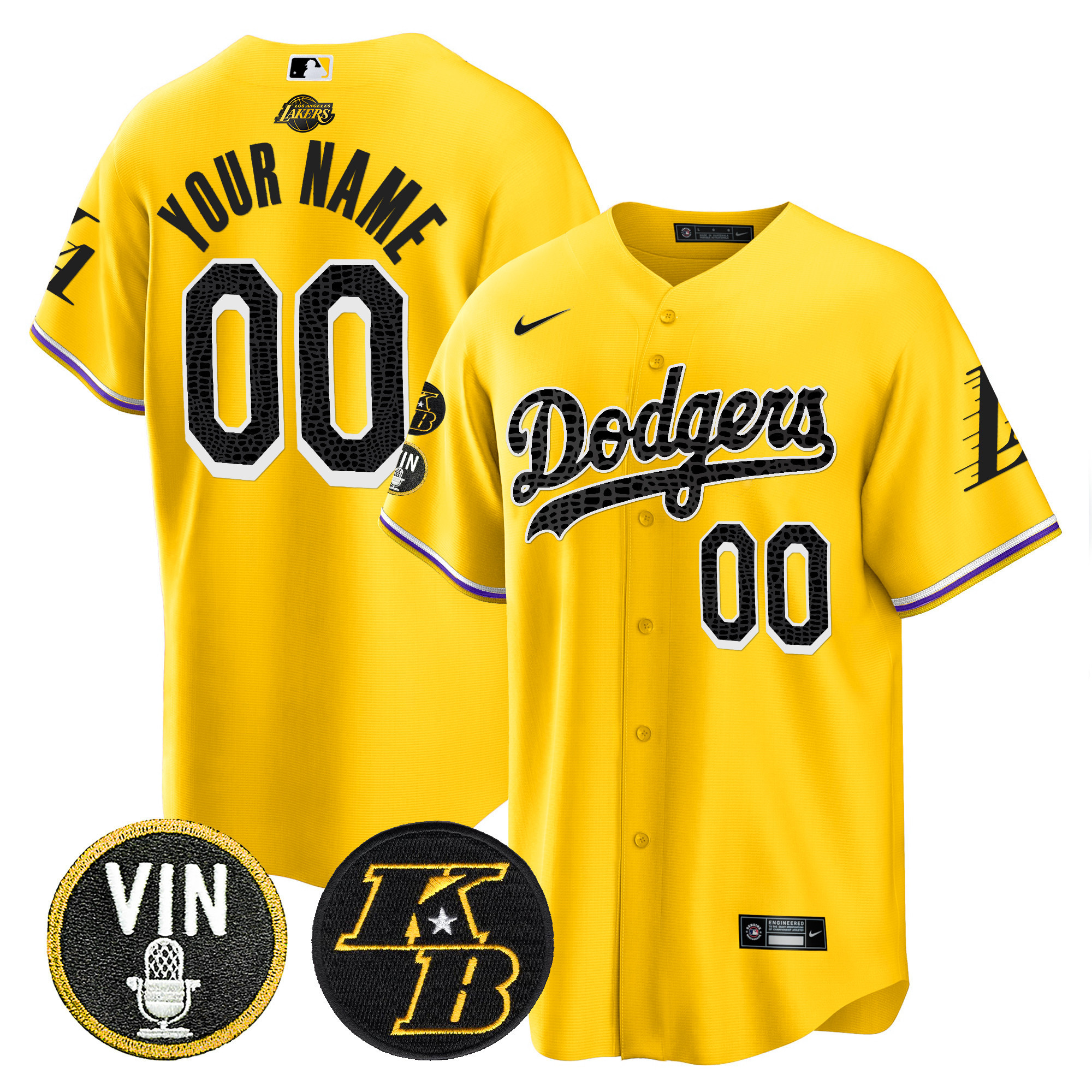 Los Angeles Dodgers Bryant & Vin Patch Cool Base Mamba Custom Gold Jersey - All Stitched
