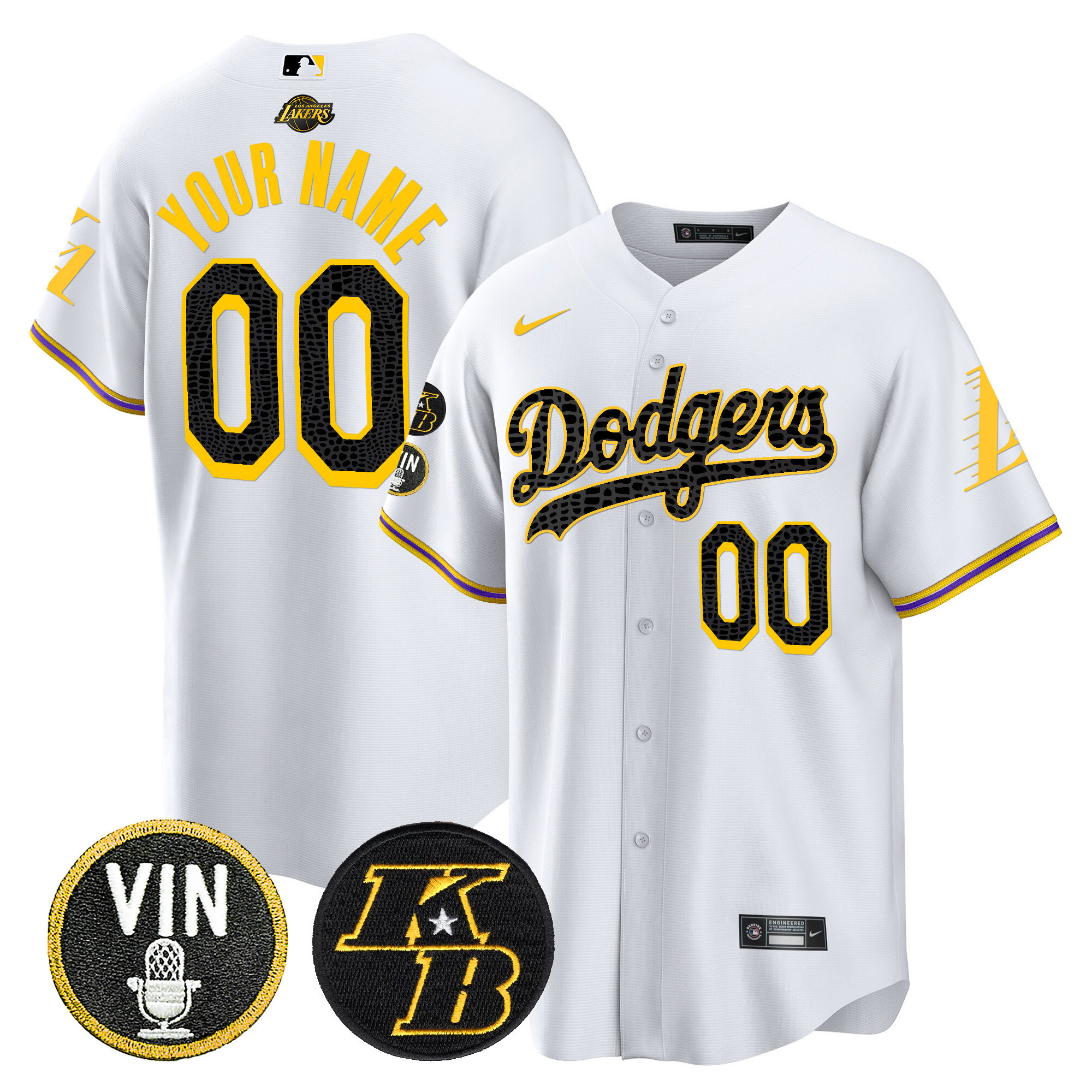 Los Angeles Dodgers Bryant & Vin Patch Cool Base Mamba Custom White Jersey - All Stitched