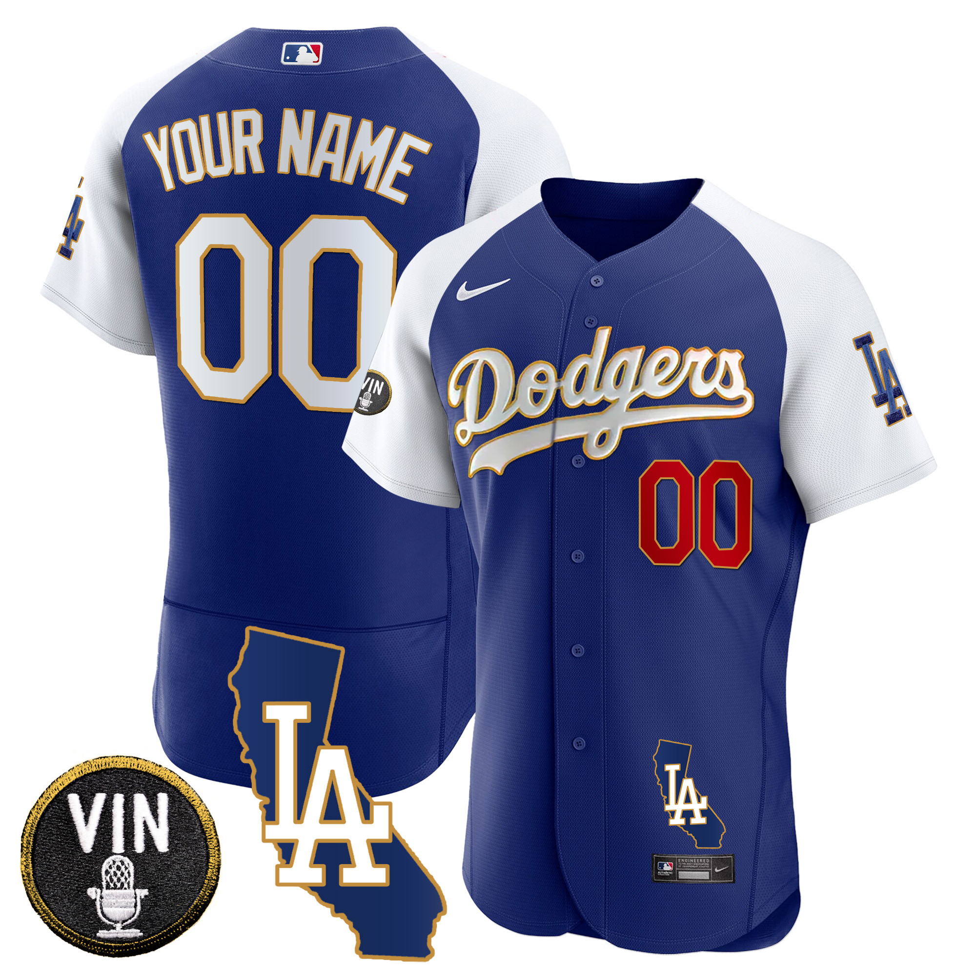 Los Angeles Dodgers California Patch Gold Trim Flex Base Custom Alternate Royal Jersey - All Stitched