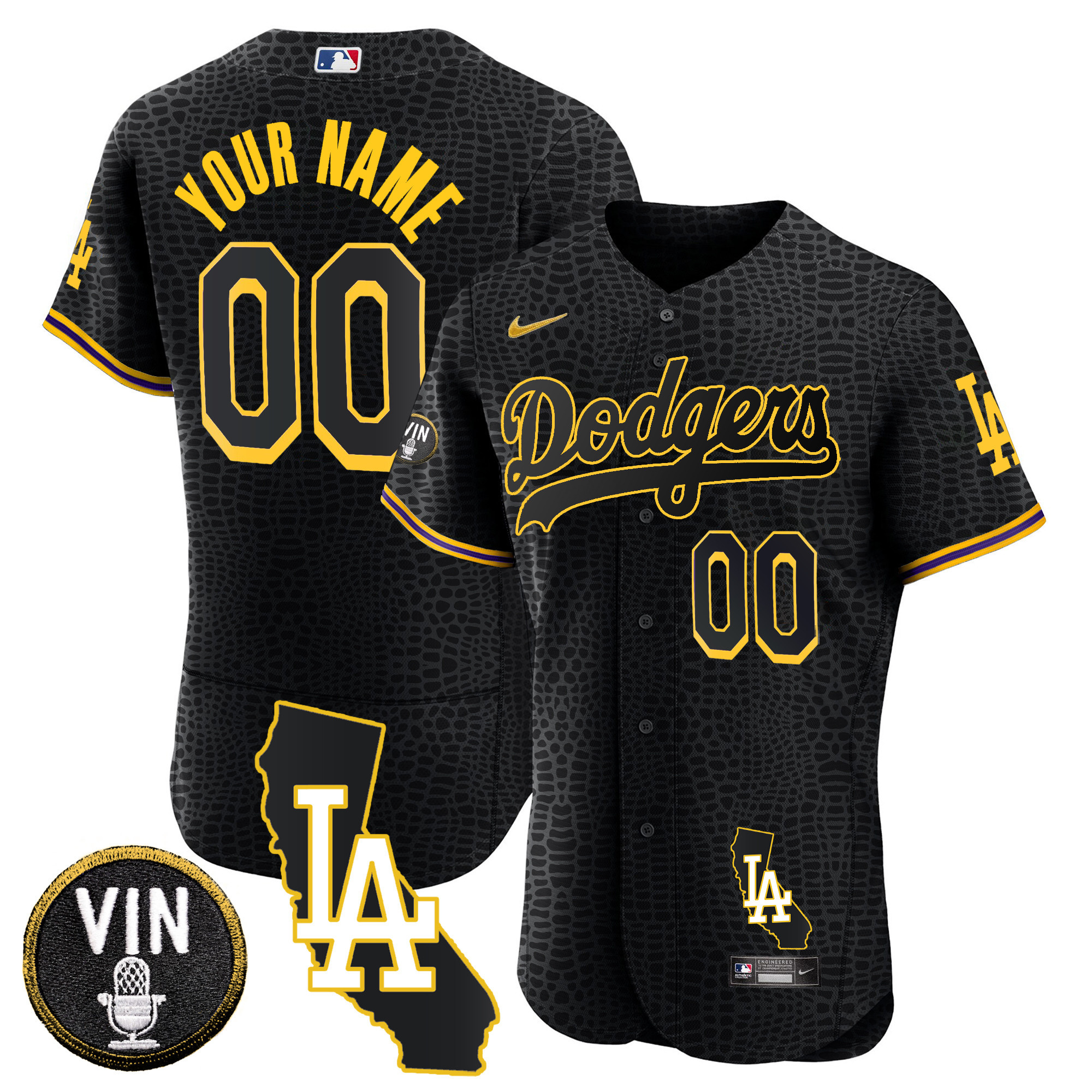 Los Angeles Dodgers California Patch Gold Trim Flex Base Custom Black Mamba Jersey - All Stitched