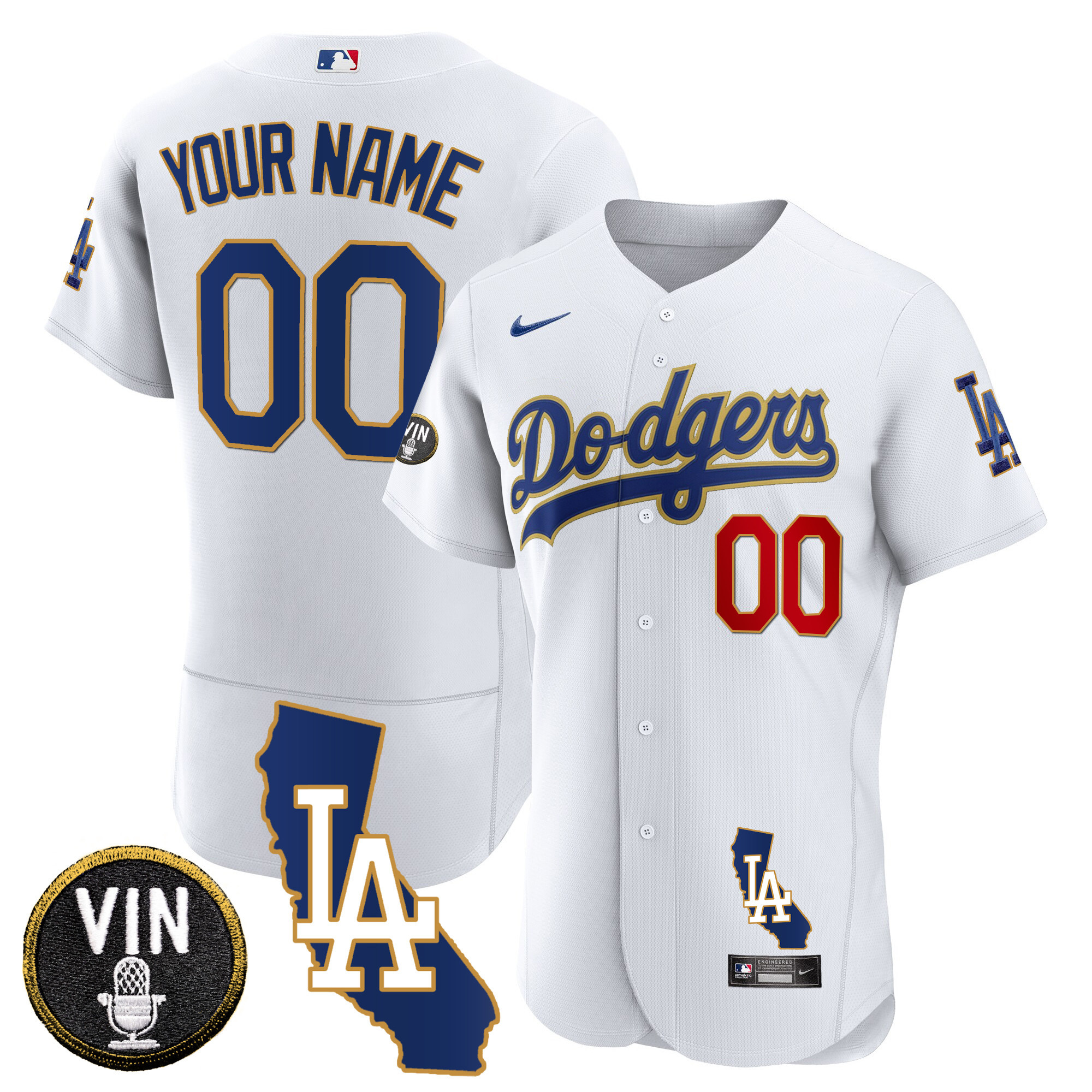 Los Angeles Dodgers California Patch Gold Trim Flex Base Custom White Jersey - All Stitched