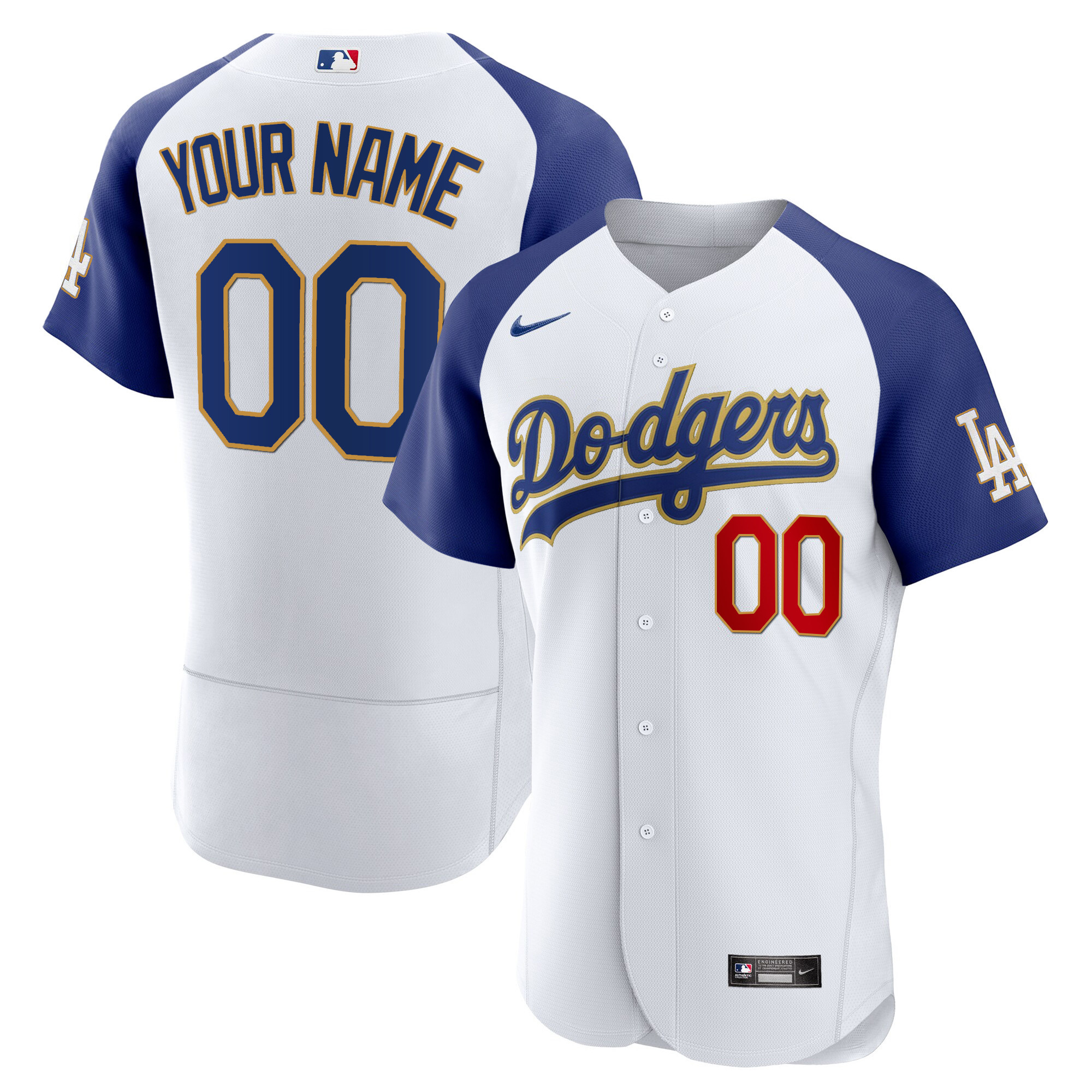 Los Angeles Dodgers Gold Trim Flex Base Custom Alternate White Jersey - All Stitched