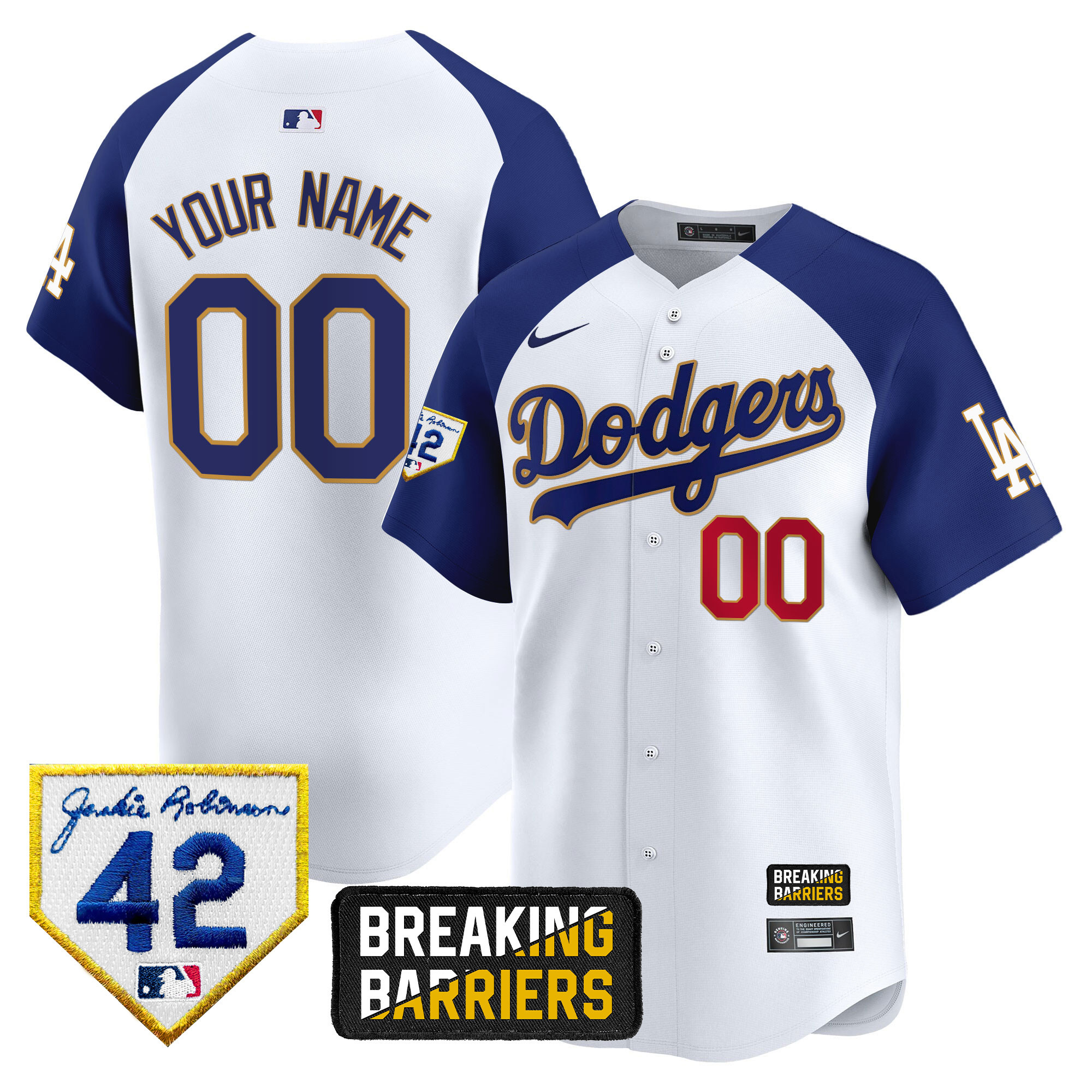 Los Angeles Dodgers Jackie Robinson Breaking Barriers Patch Vapor Premier Limited Custom White Alternate Jersey - All Stitched