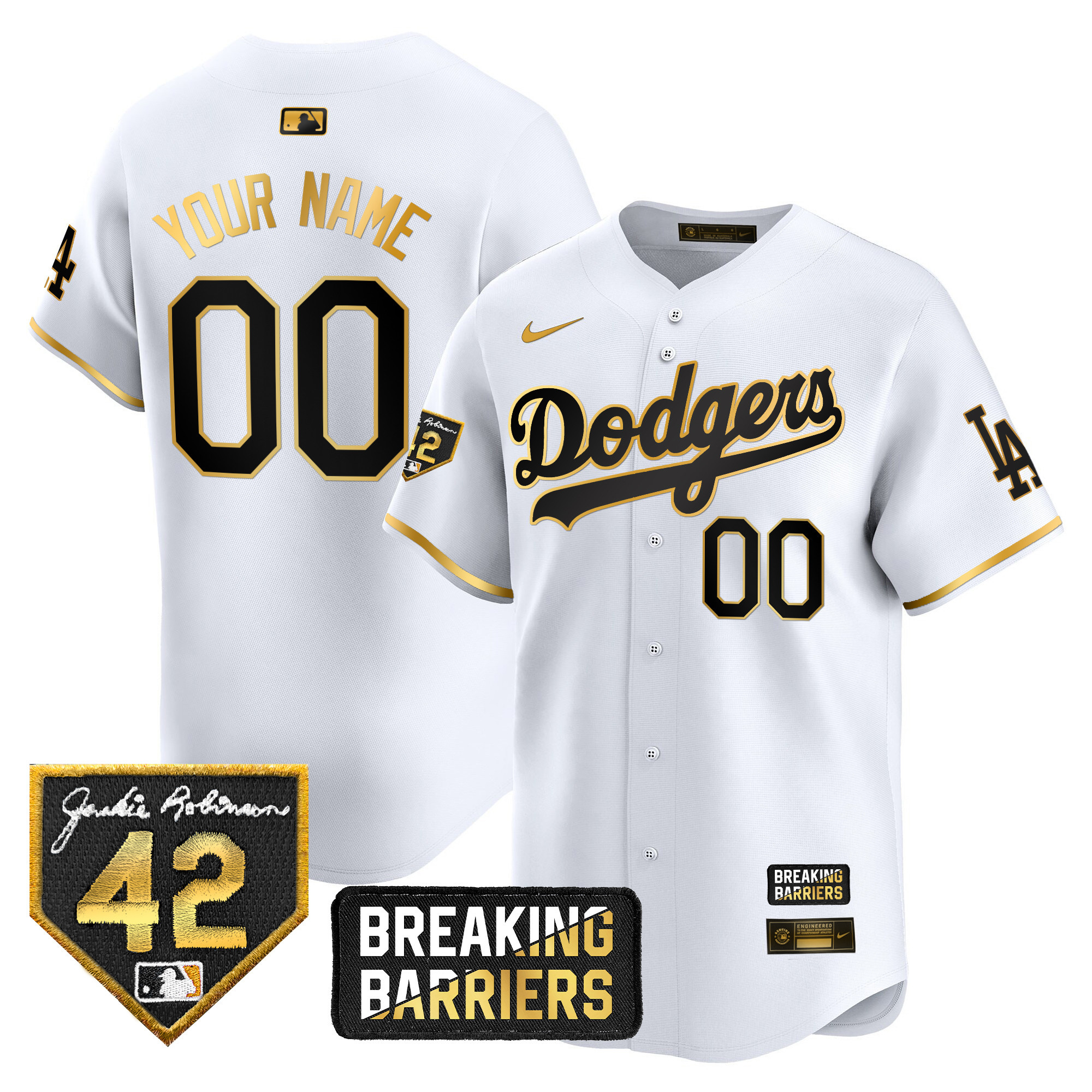 Los Angeles Dodgers Jackie Robinson Breaking Barriers Patch Vapor Premier Limited Custom White Gold Jersey - All Stitched