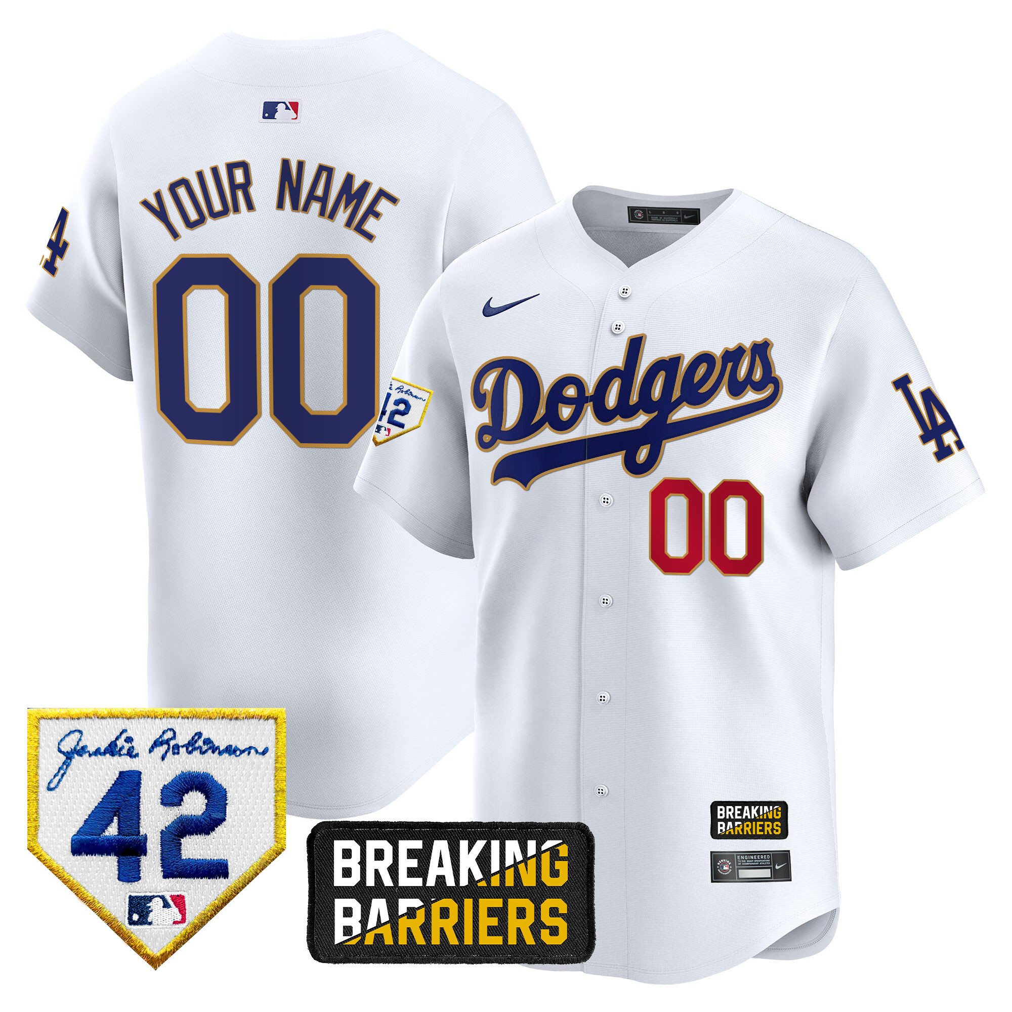 Los Angeles Dodgers Jackie Robinson Breaking Barriers Patch Vapor Premier Limited Custom White Jersey - All Stitched