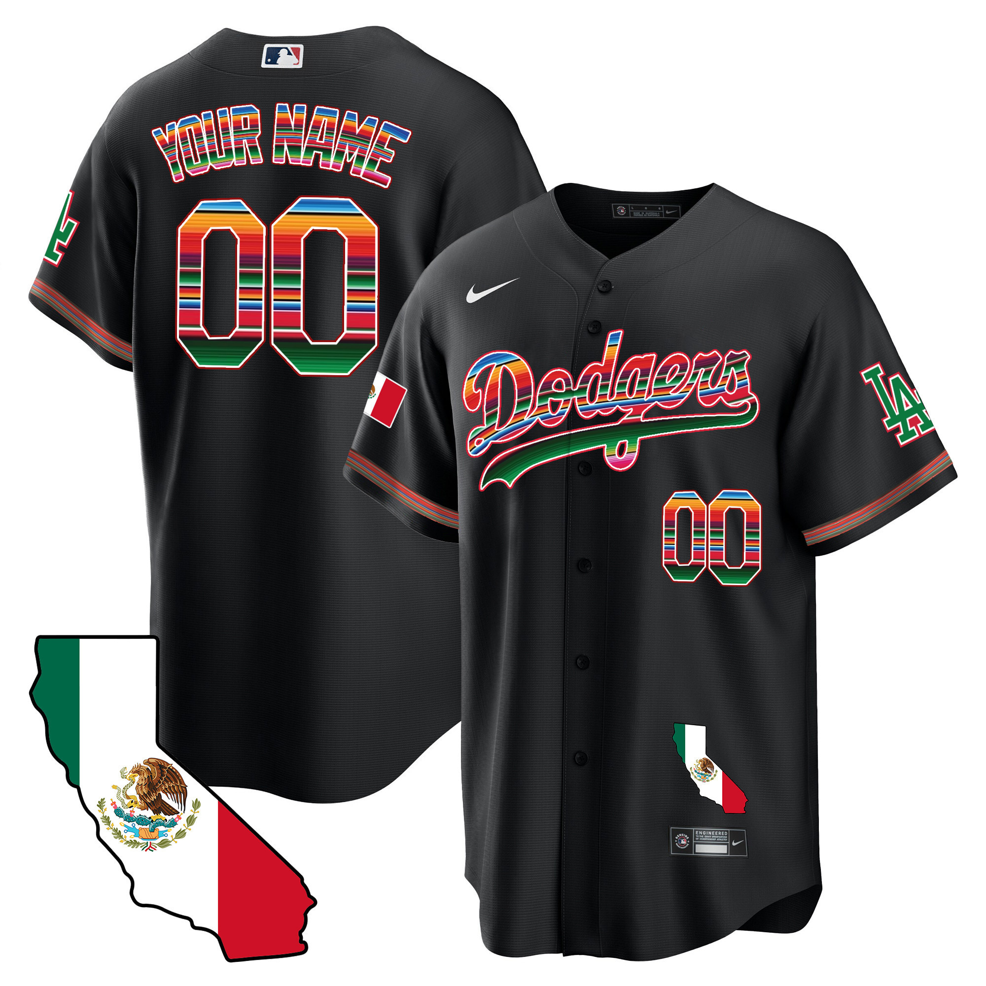 Los Angeles Dodgers Mexico California Map Cool Base Custom Black Jersey - All Stitched