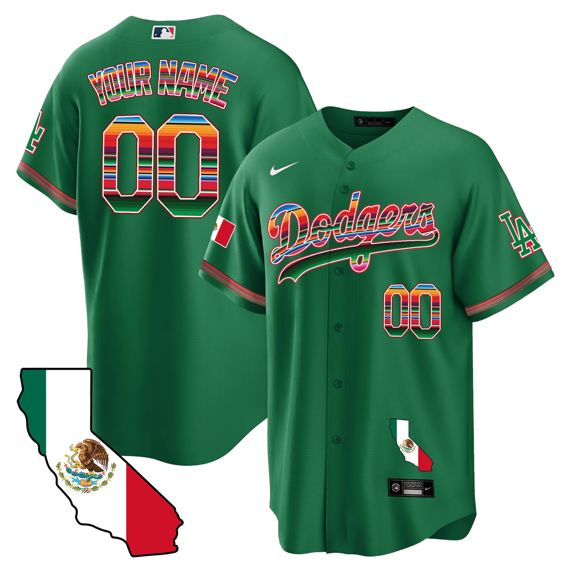Los Angeles Dodgers Mexico California Map Cool Base Custom Green Jersey - All Stitched
