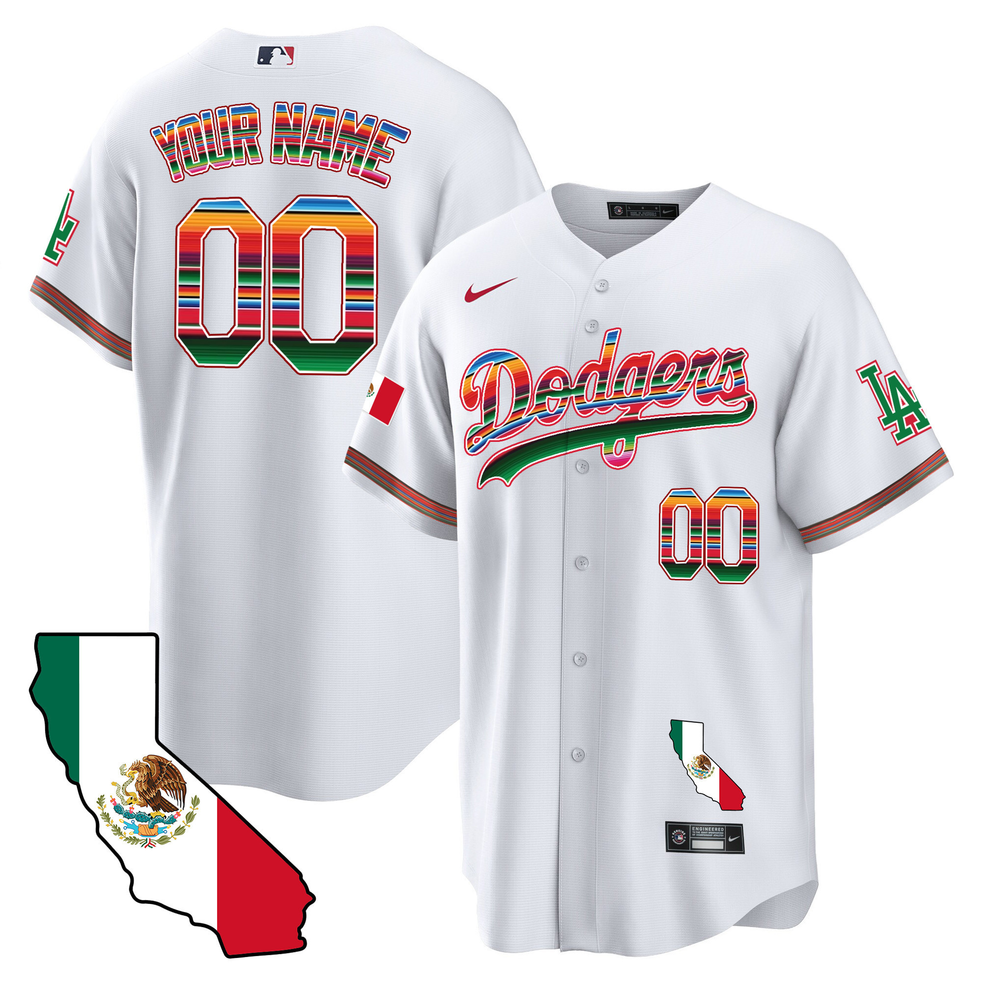 Los Angeles Dodgers Mexico California Map Cool Base Custom White Jersey - All Stitched