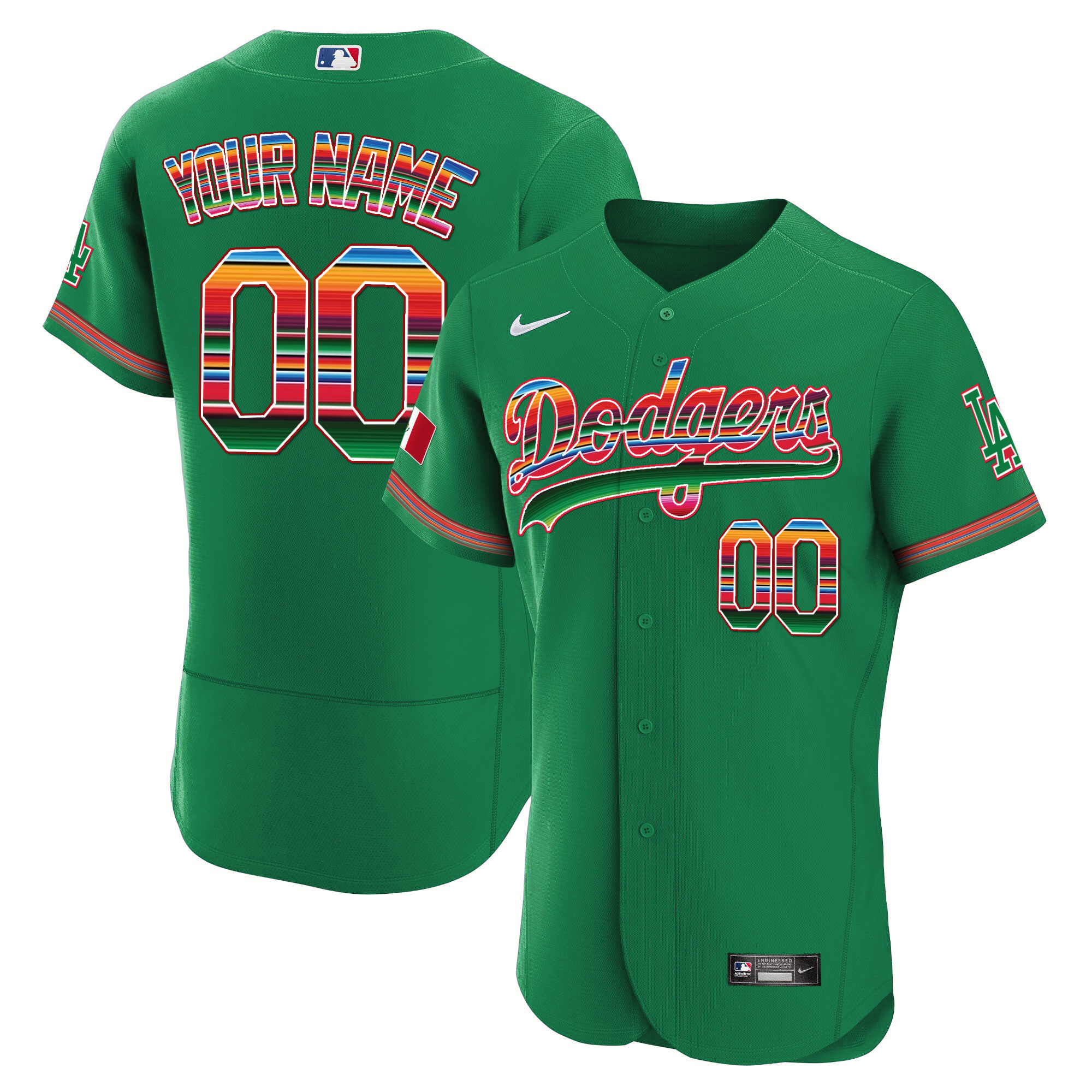 Los Angeles Dodgers Mexico Flex Base Limited Custom Green Jersey - All Stitched