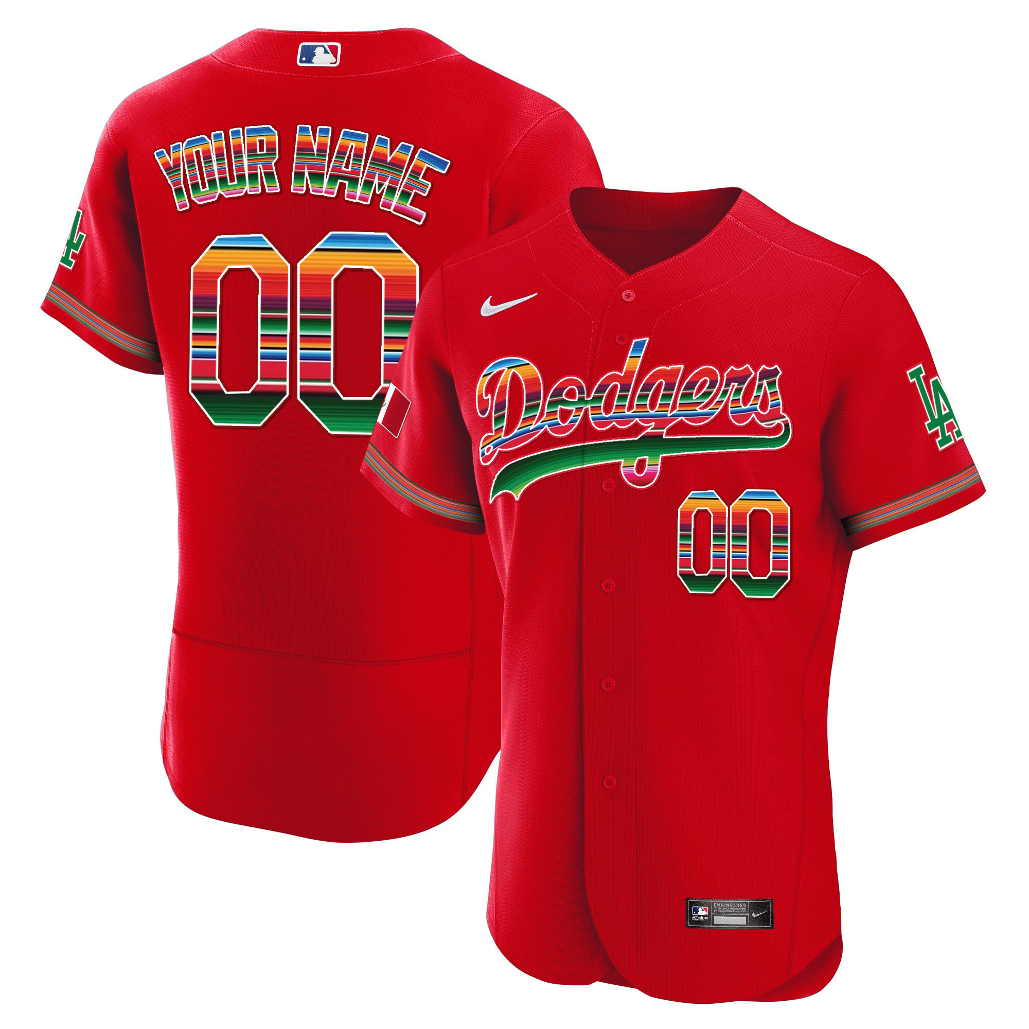 Los Angeles Dodgers Mexico Flex Base Limited Custom Red Jersey - All Stitched