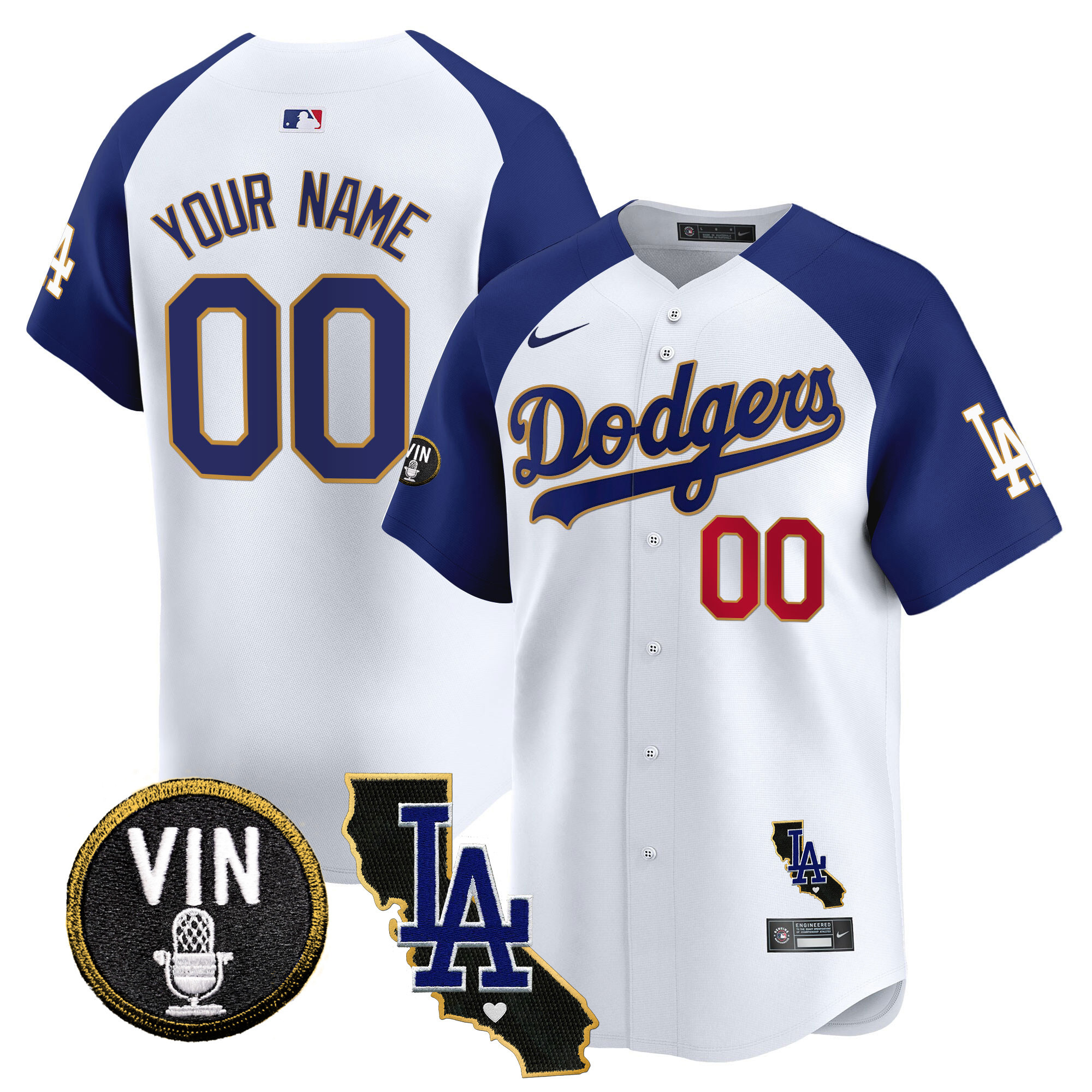 Los Angeles Dodgers Vin & California Patch Gold Trim Vapor Premier Limited Custom White Alternate Jersey - All Stitched