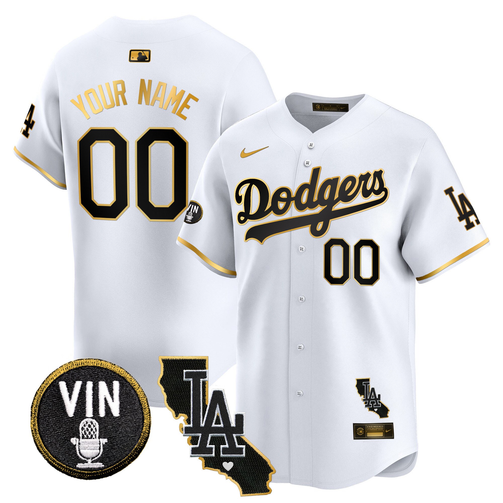 Los Angeles Dodgers Vin & California Patch Gold Trim Vapor Premier Limited Custom White Gold Jersey - All Stitched
