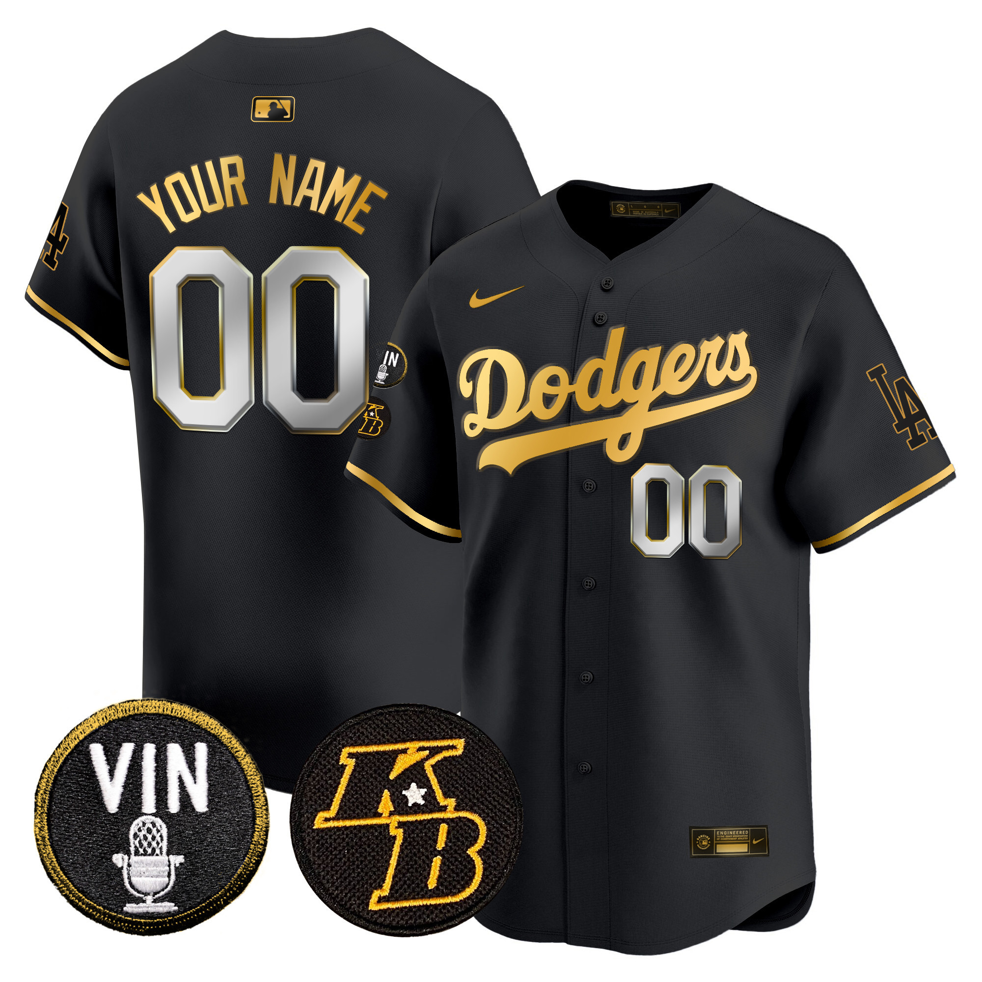 Los Angeles Dodgers Vin & Kobe Patch Gold Trim Vapor Premier Limited Custom Black Gold Jersey - All Stitched