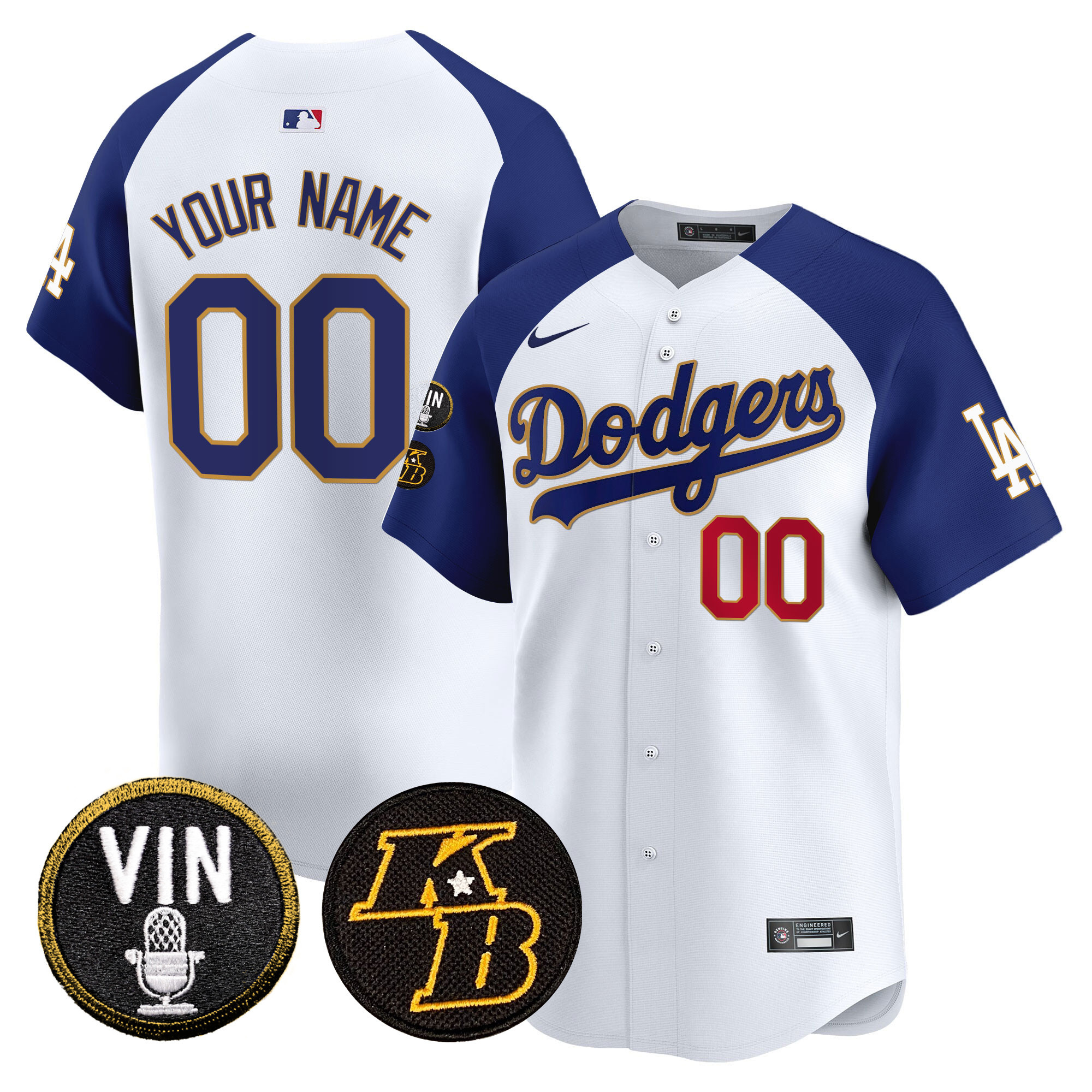 Los Angeles Dodgers Vin & Kobe Patch Gold Trim Vapor Premier Limited Custom White Alternate Jersey - All Stitched