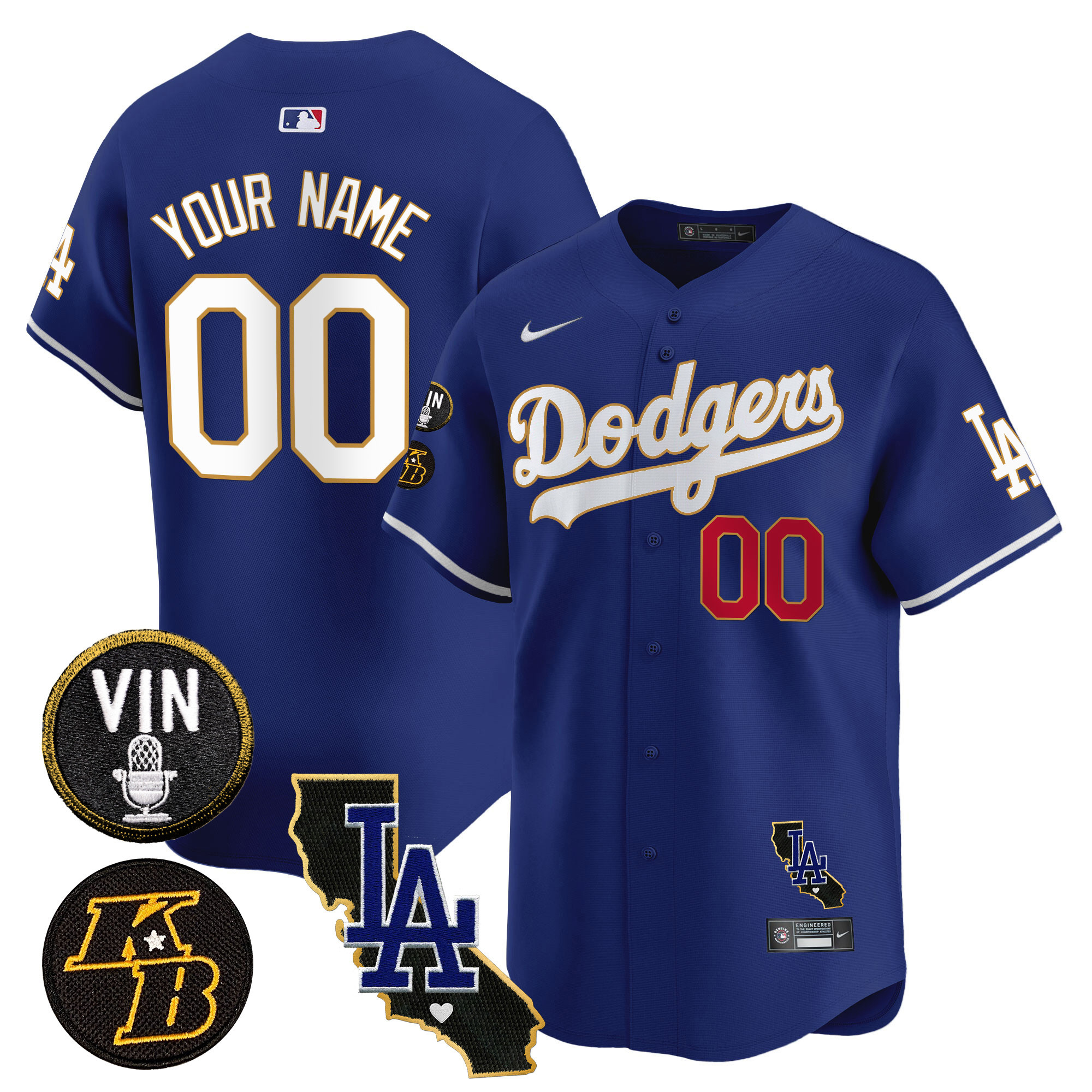 Los Angeles Dodgers Vin Patch & Kobe Bryant Gold Trim Vapor Premier Limited Custom V2 Royal Jersey - All Stitched
