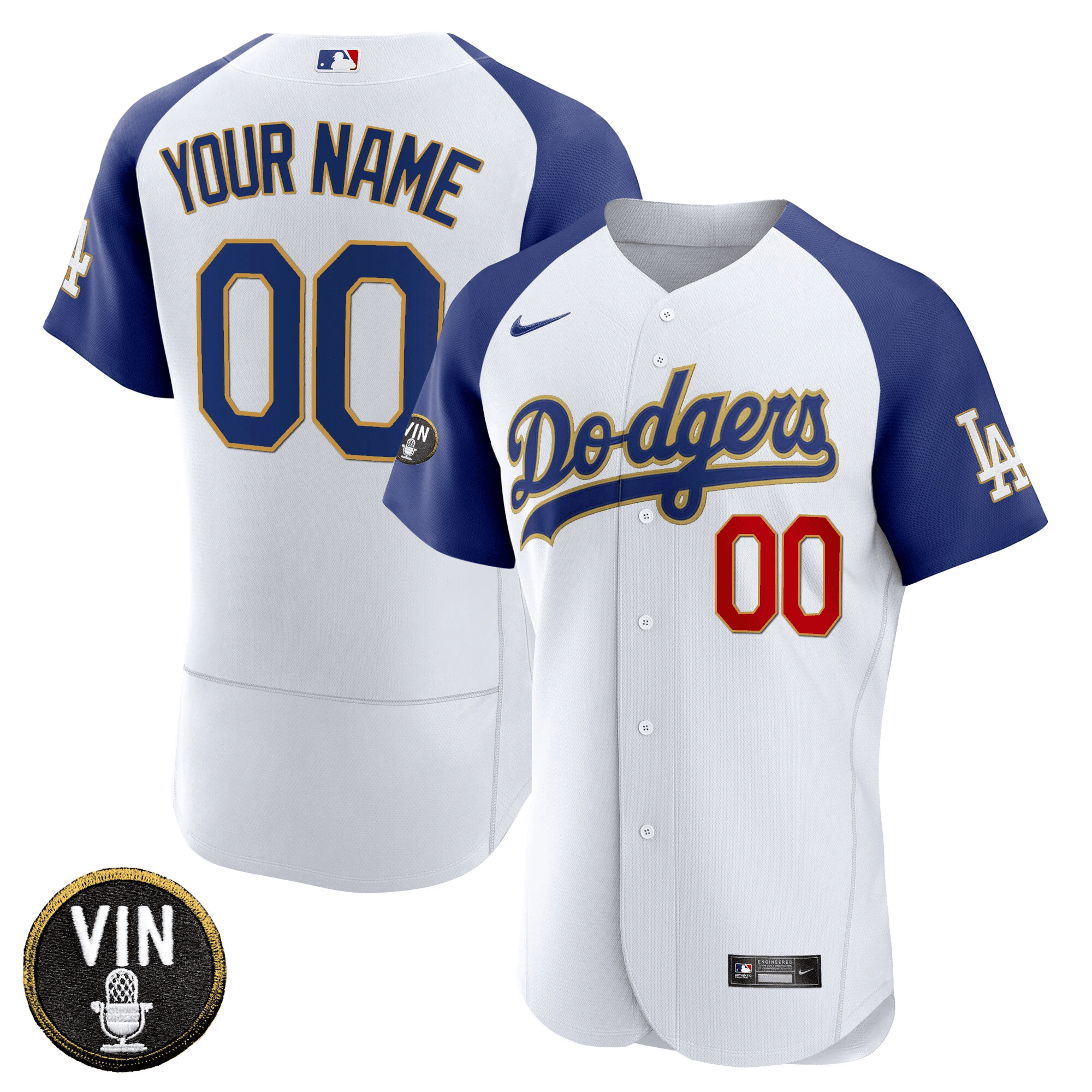Los Angeles Dodgers Vin Scully Patch Flex Base Custom Alternate Gold White Jersey - All Stitched