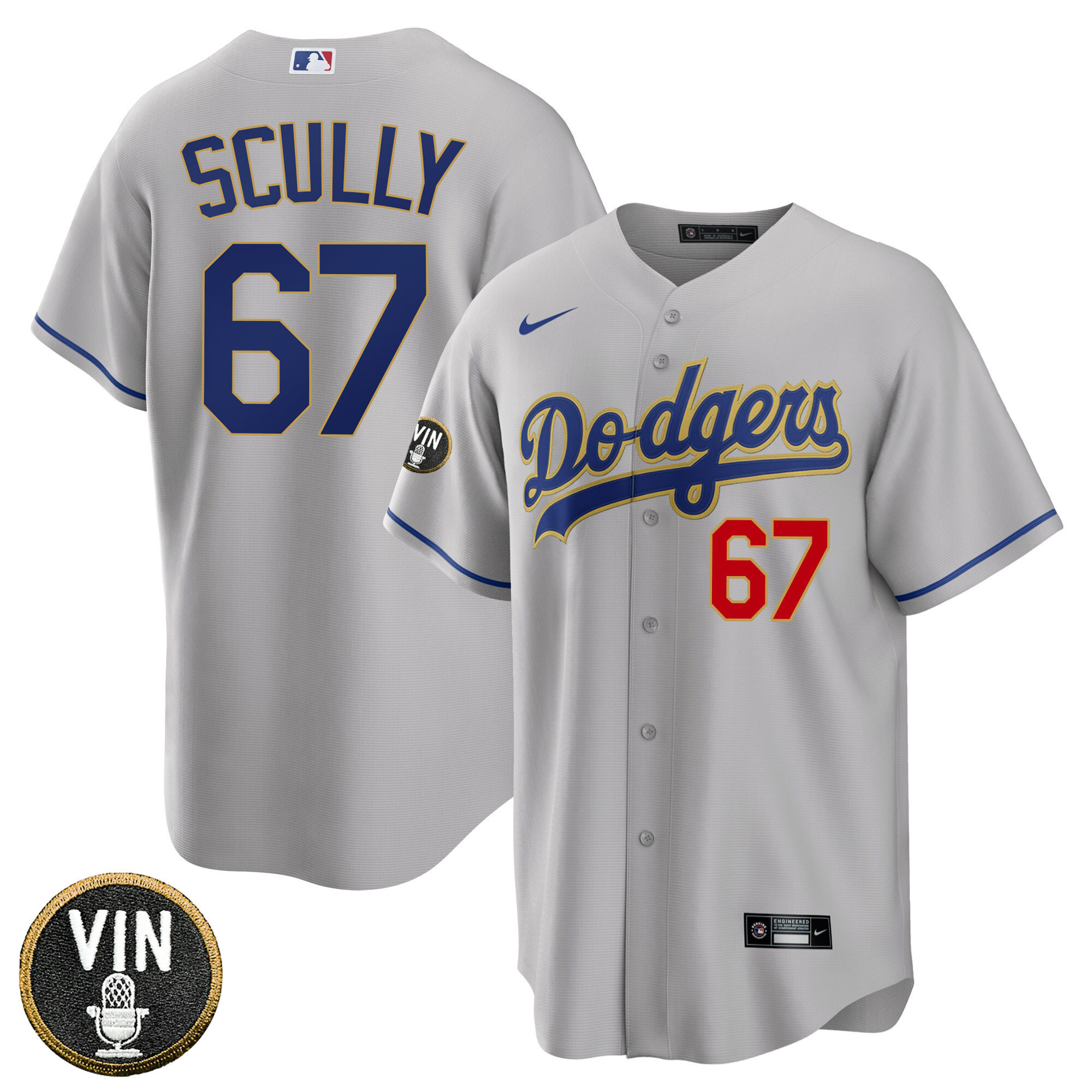 Los Angeles Dodgers Vin Scully Patch Gold Trim Cool Gray Jersey - All Stitched