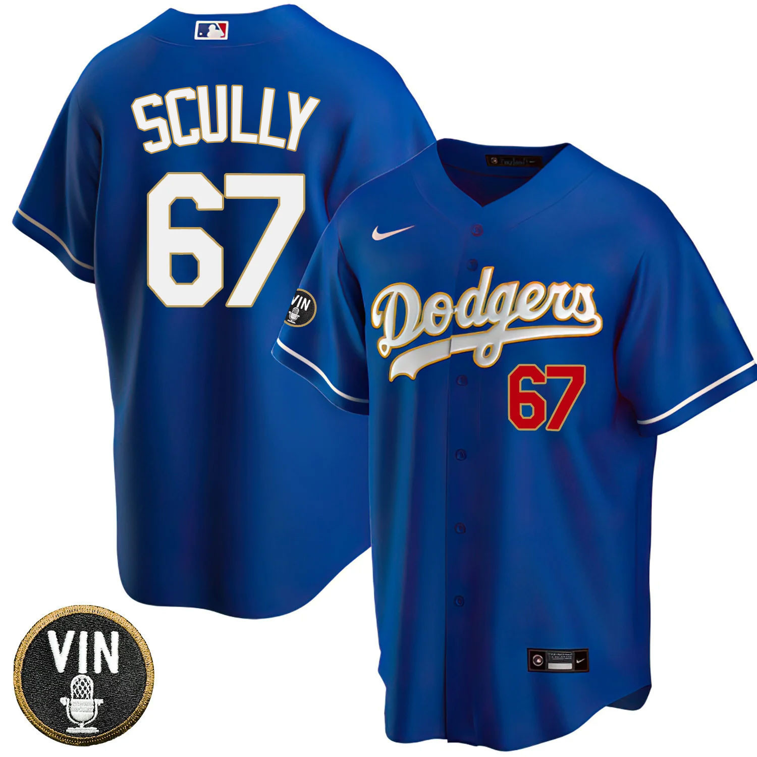 Los Angeles Dodgers Vin Scully Patch Gold Trim Cool Navy Jersey - All Stitched