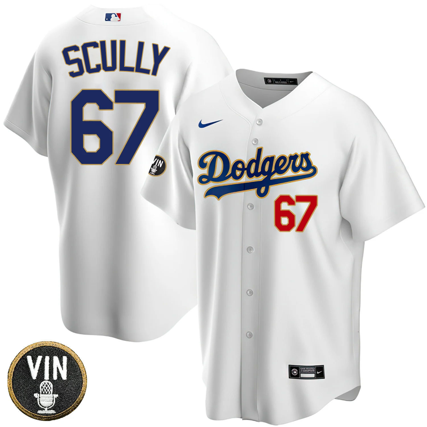 Los Angeles Dodgers Vin Scully Patch Gold Trim Cool White Jersey - All Stitched