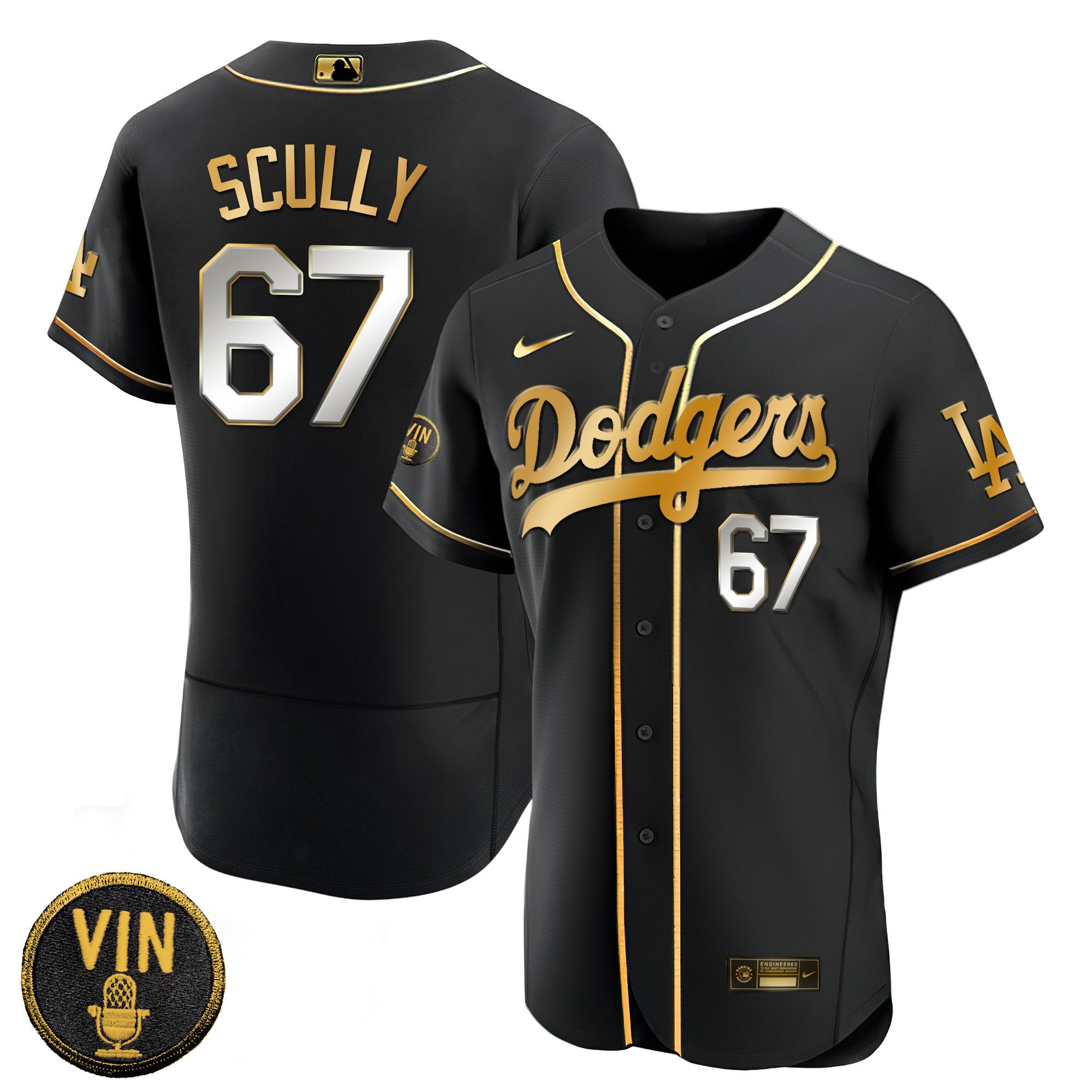 Los Angeles Dodgers Vin Scully Patch Gold Trim Flex Black Limited Jersey - All Stitched