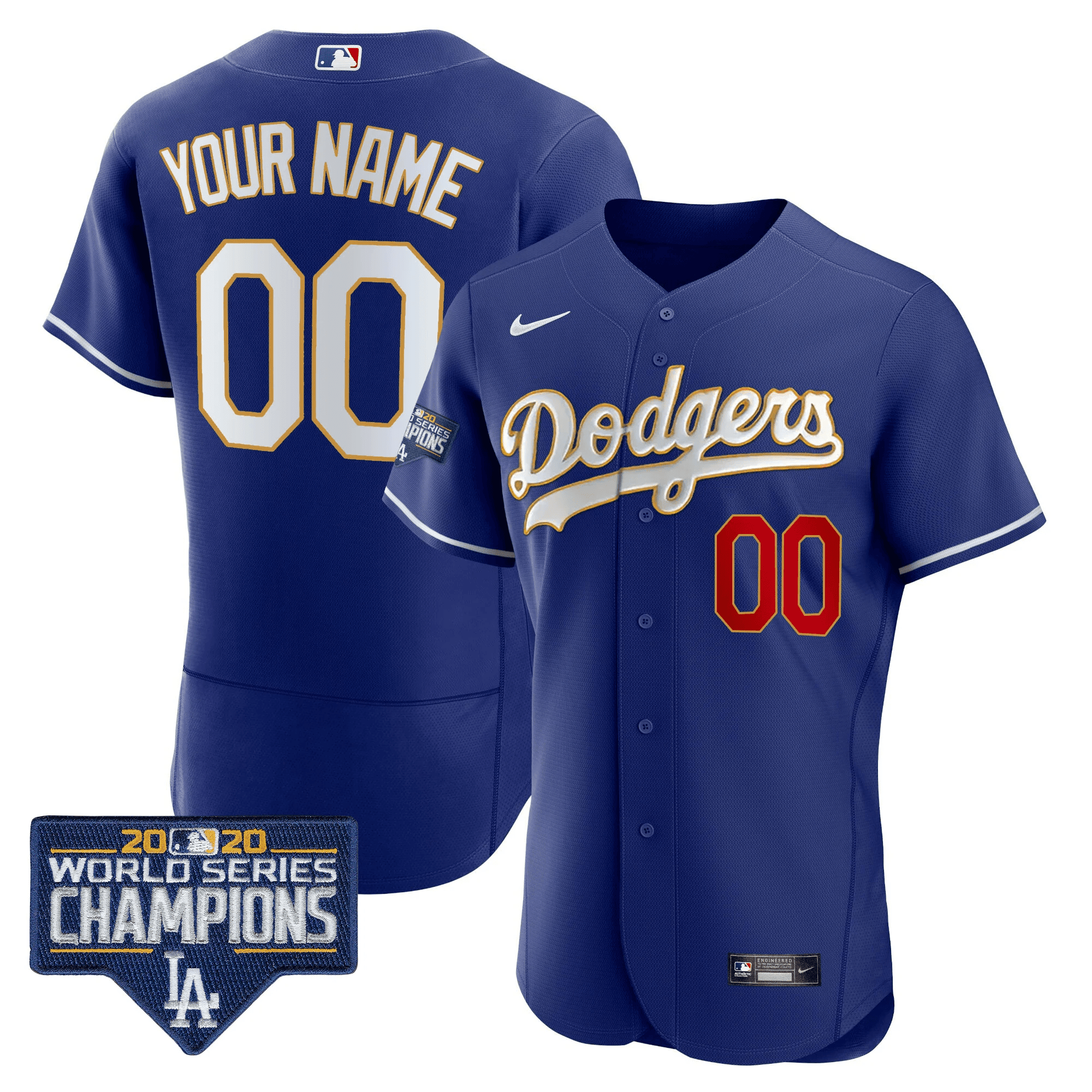 Los Angeles Dodgers World Series Champions Patch Flex Base Custom Royal Gold Jersey - All Stitched