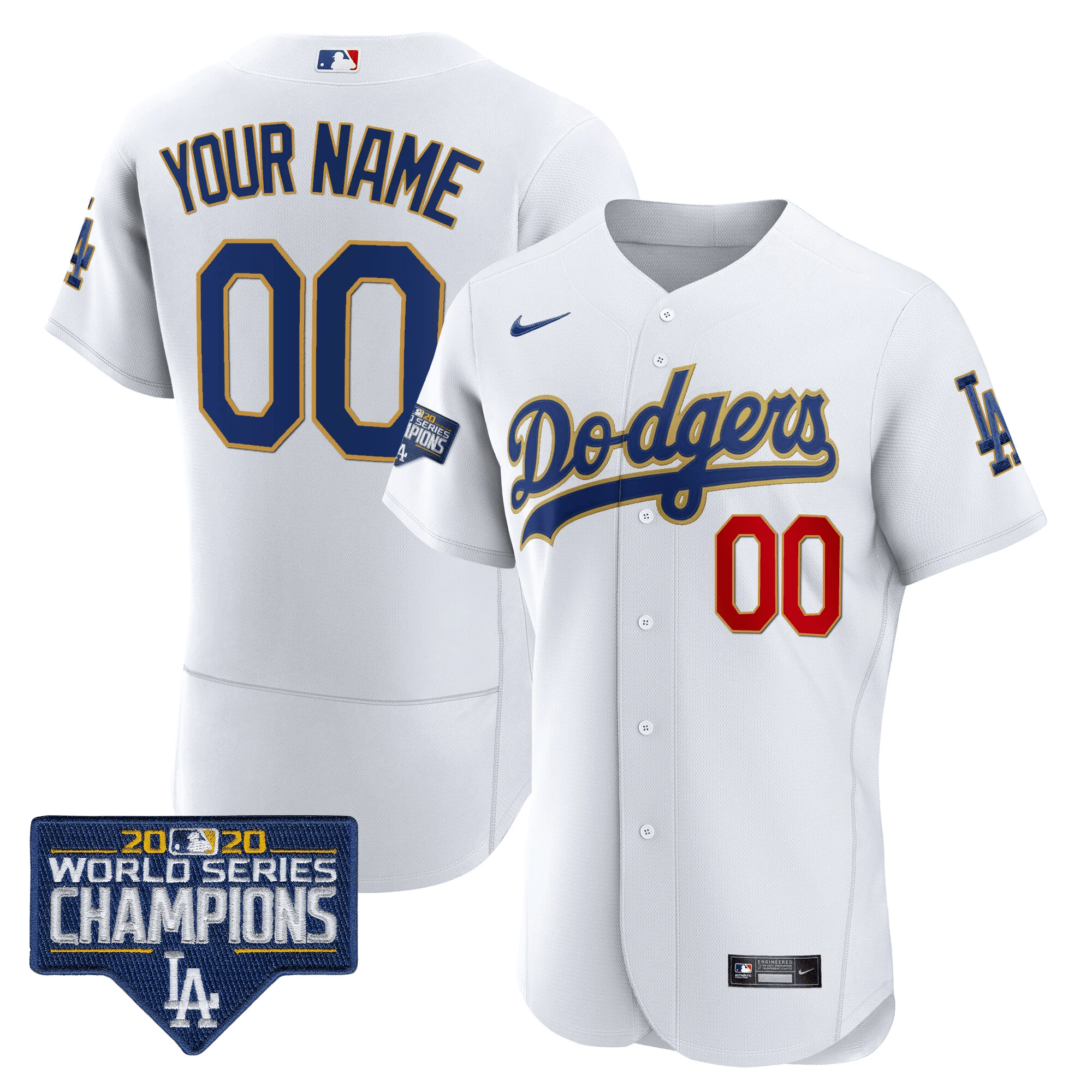 Los Angeles Dodgers World Series Champions Patch Flex Base Custom White Gold Jersey - All Stitched