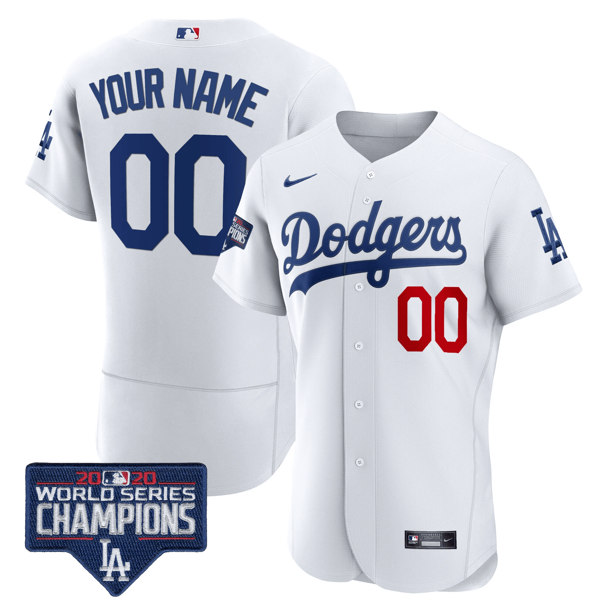 Los Angeles Dodgers World Series Champions Patch Flex Base Custom White Jersey - All Stitched
