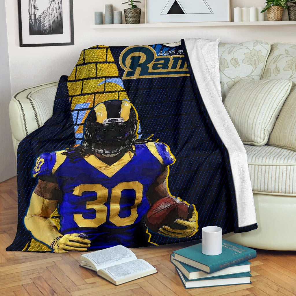 Los Angeles Rams American Football Raymond Calais 30 Holding Rugby Ball Brick Background Fleece Blankets