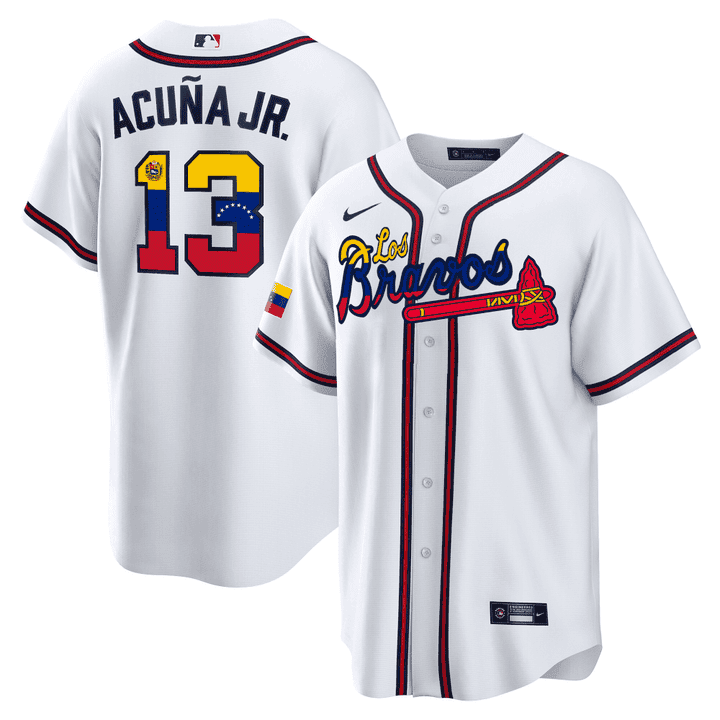Los Bravos Ronald Acuna Jr. Atlanta Braves Venezuela White Jersey - All Stitched