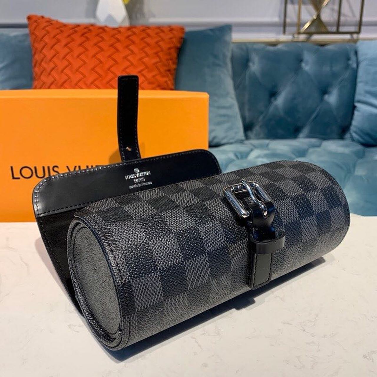 Louis Vuitton 3 Watch Case Damier Graphite Canvas For Men, Men’s Bags, Travel Bags 7.9in/20cm