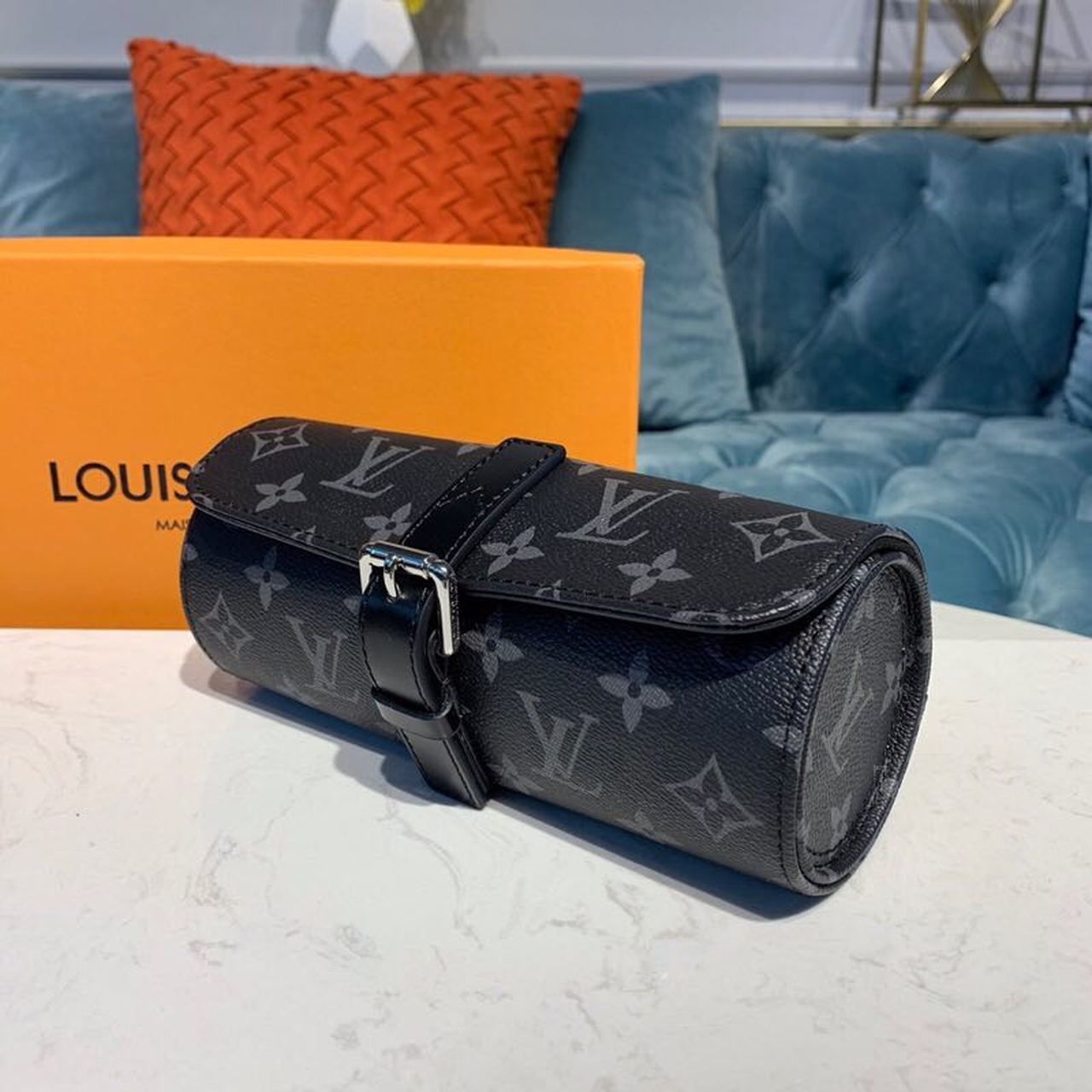 Louis Vuitton 3 Watch Case Monogram Eclipse Canvas For Men, Men’s Bags, Luggage 7.9in/20cm