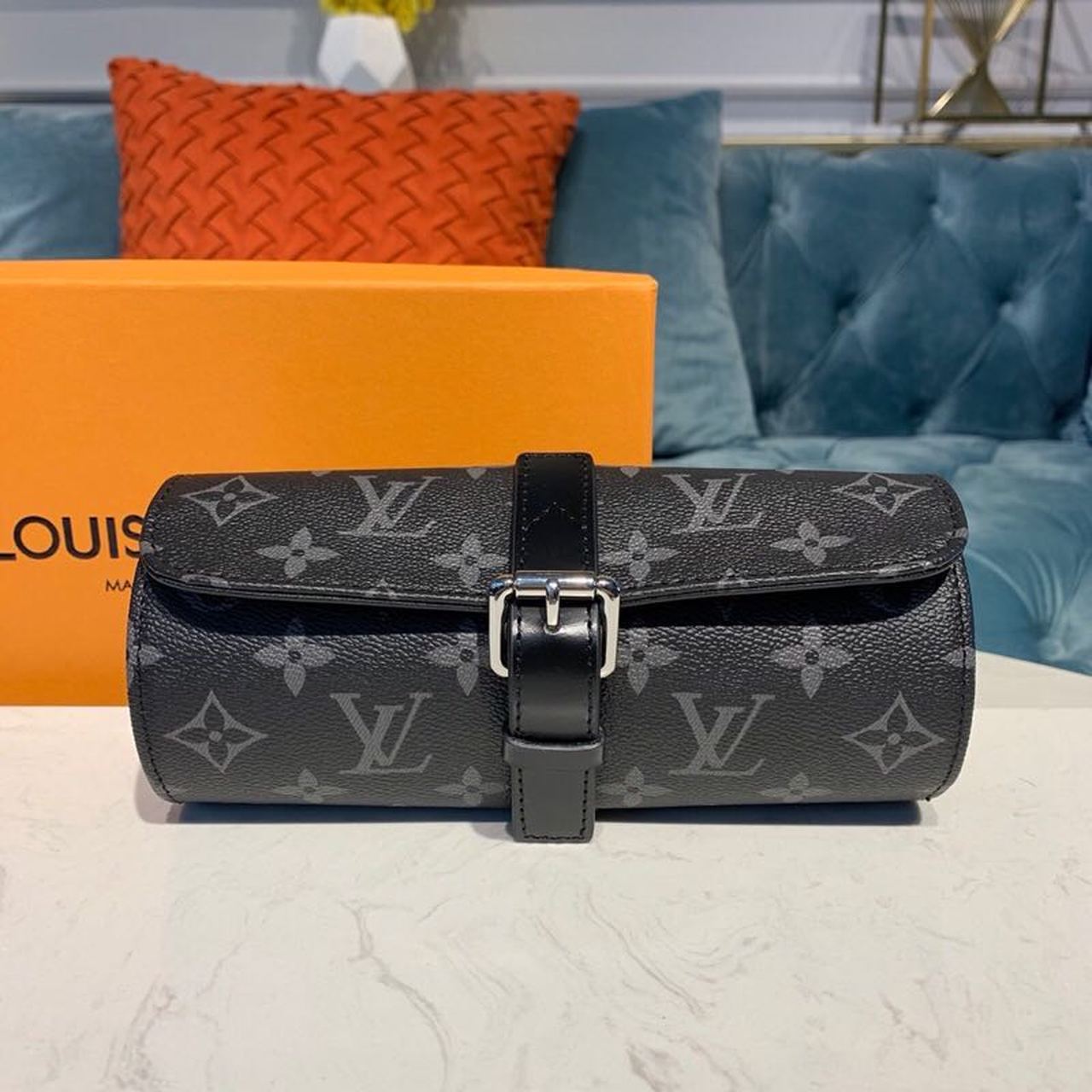 Louis Vuitton 3 Watch Case Monogram Eclipse Canvas For Men, Men’s Bags, Luggage 7.9in/20cm