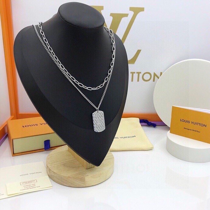Louis Vuitton Big Tag LV Necklace Silver Tone For Women