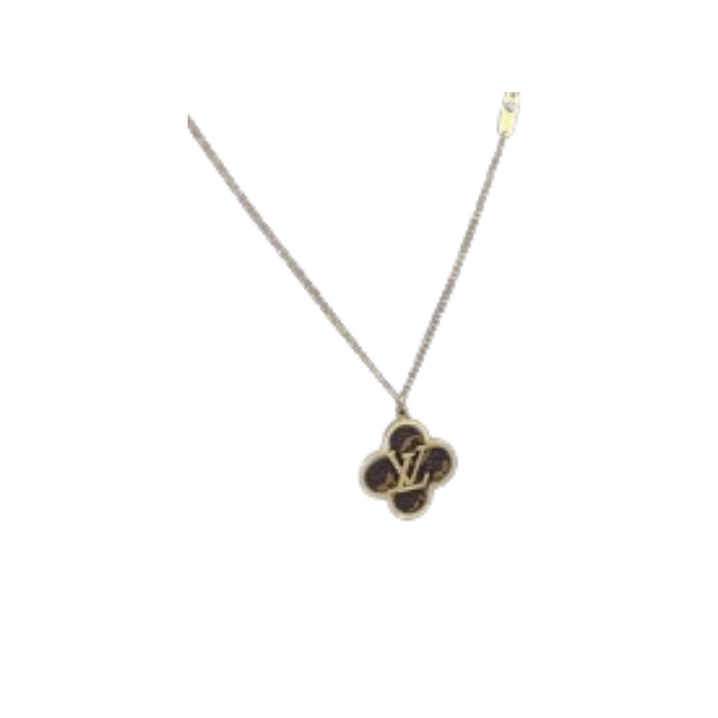 Louis Vuitton Black Four Petal Flower Necklace Gold Tone For Women