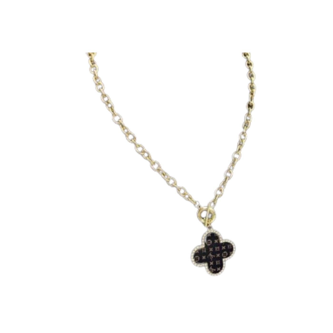 Louis Vuitton Black Monogram Pendant Necklace Gold Tone For Women