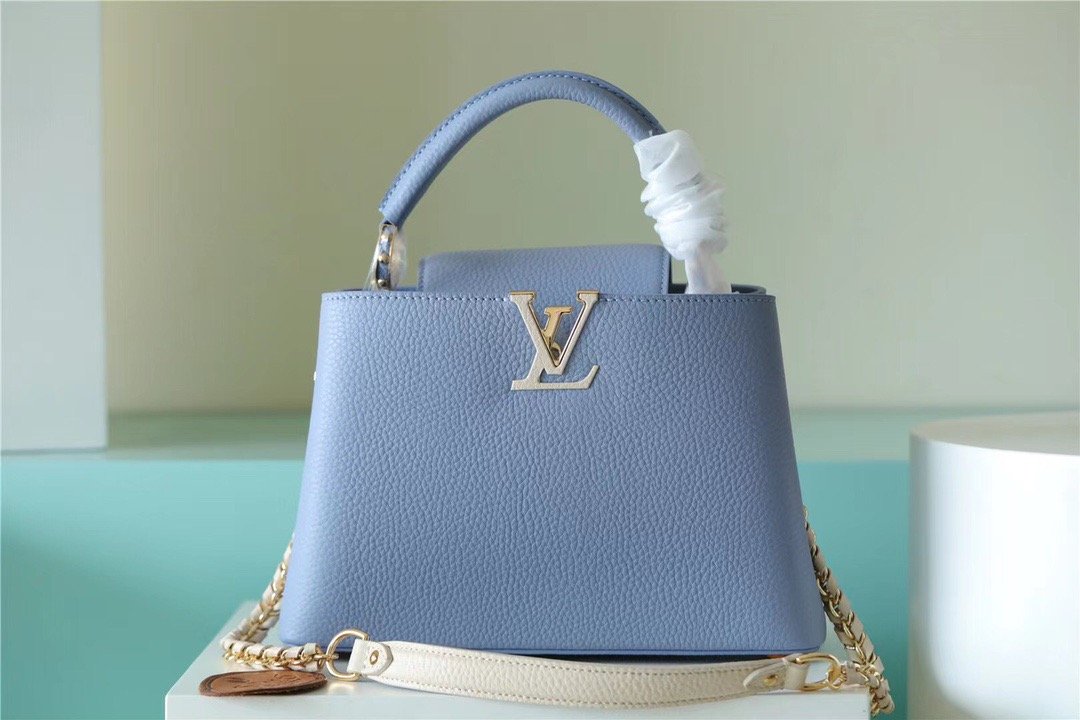 Louis Vuitton Capucines BB Taurillon Light Blue/ Beige For Women, Women’s Bags, Shoulder And Crossbody Bags 10.6in/27cm LV