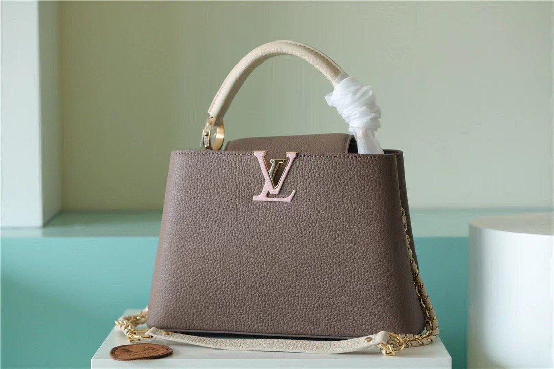 Louis Vuitton Capucines BB Taurillon Smokey Brown Green/ Creme/ Pink For Women, Women’s Bags, Shoulder And Crossbody Bags 10.6in/27cm LV
